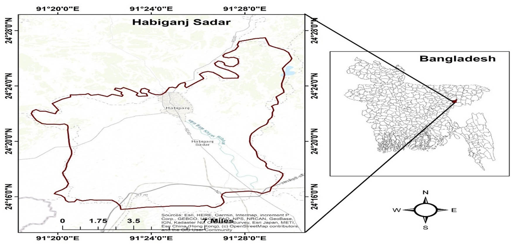 Figure 4 
                  The study area located in Habiganj Sadar [44].
               