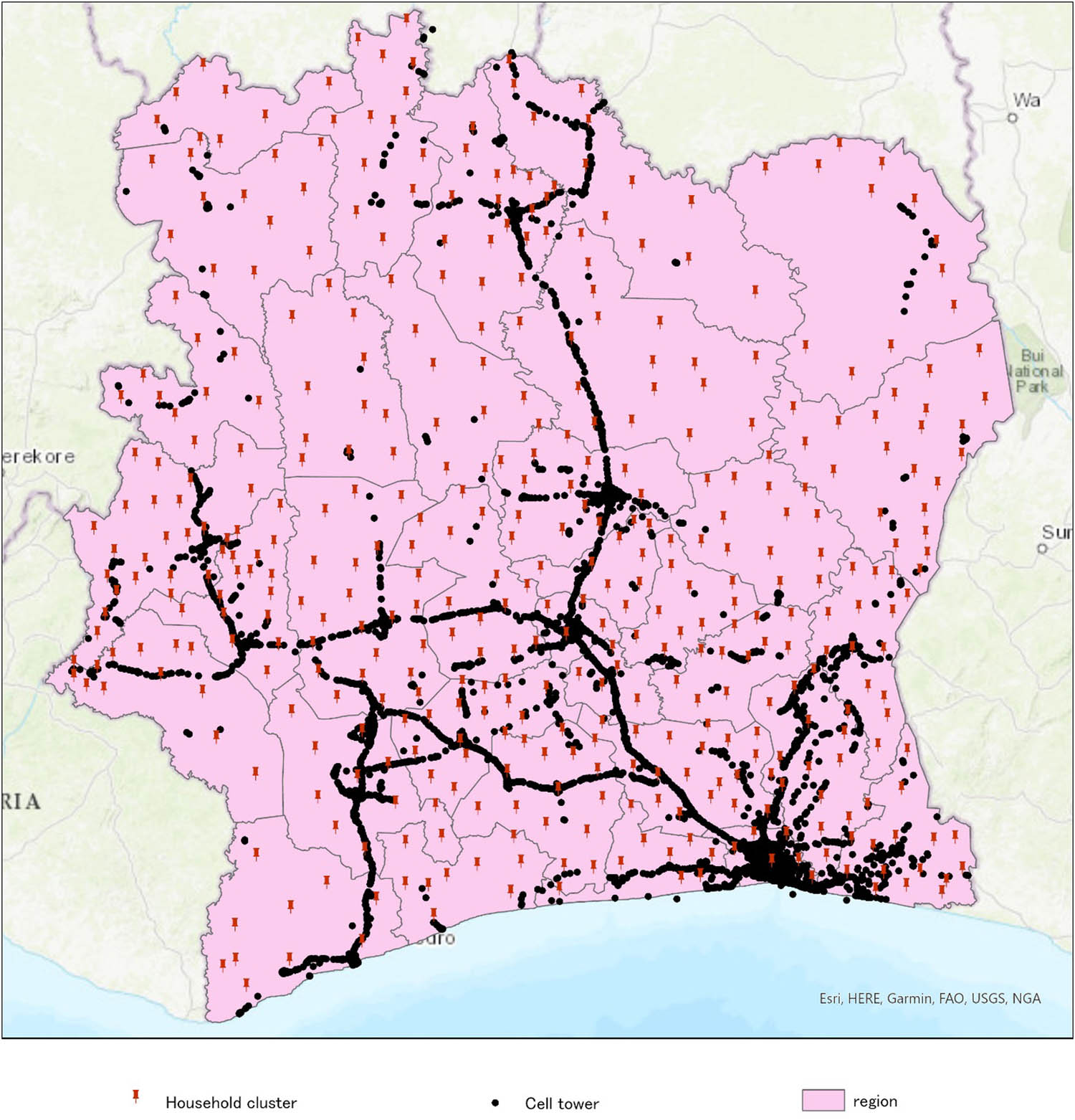 Figure 1 
                  Distribution of cell towers in Côte d’Ivoire in 2015. Source: Author.
               