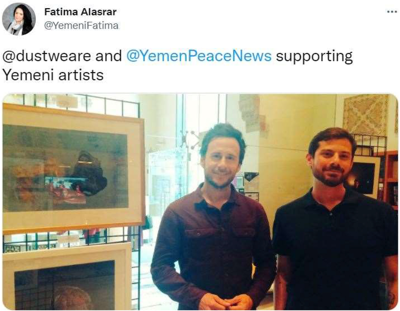 Figure 1: 
An example of an image tweet with a happy emotional tone.
Fatima Alasrar, Twitter: @YemeniFatima. April 8, 2016.
In the image, Yemeni artists pose for photos in front of paintings.

https://twitter.com/YemeniFatima/status/718552680122183680.
