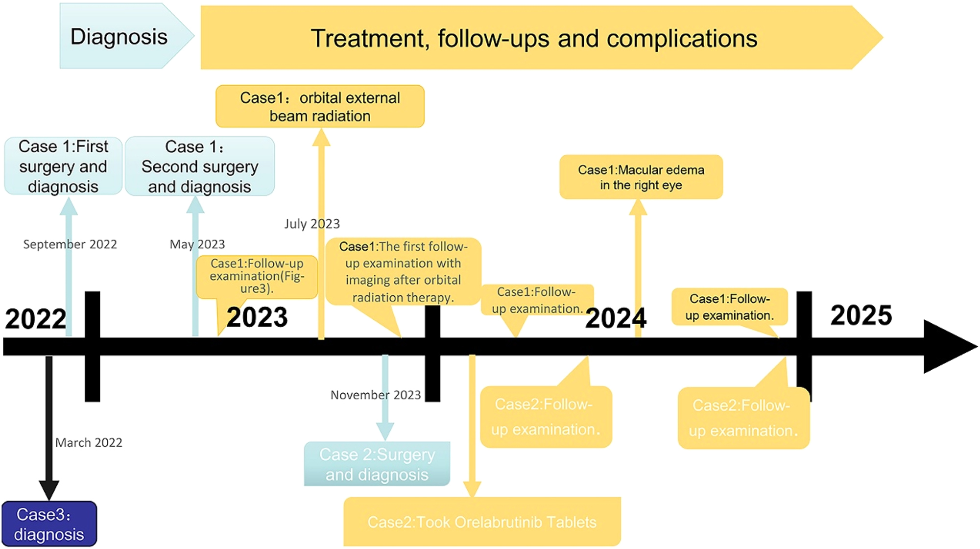 Figure 1: 
The timelines for three patients include the process of diagnosis, treatment, and follow-ups.

