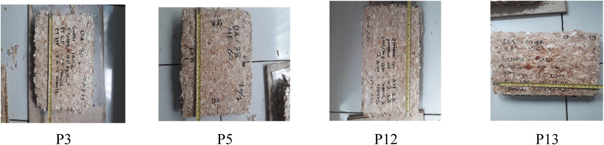 Figure 3 Appearance of the performance of the successful particleboards P3, P5, P12 and P13.