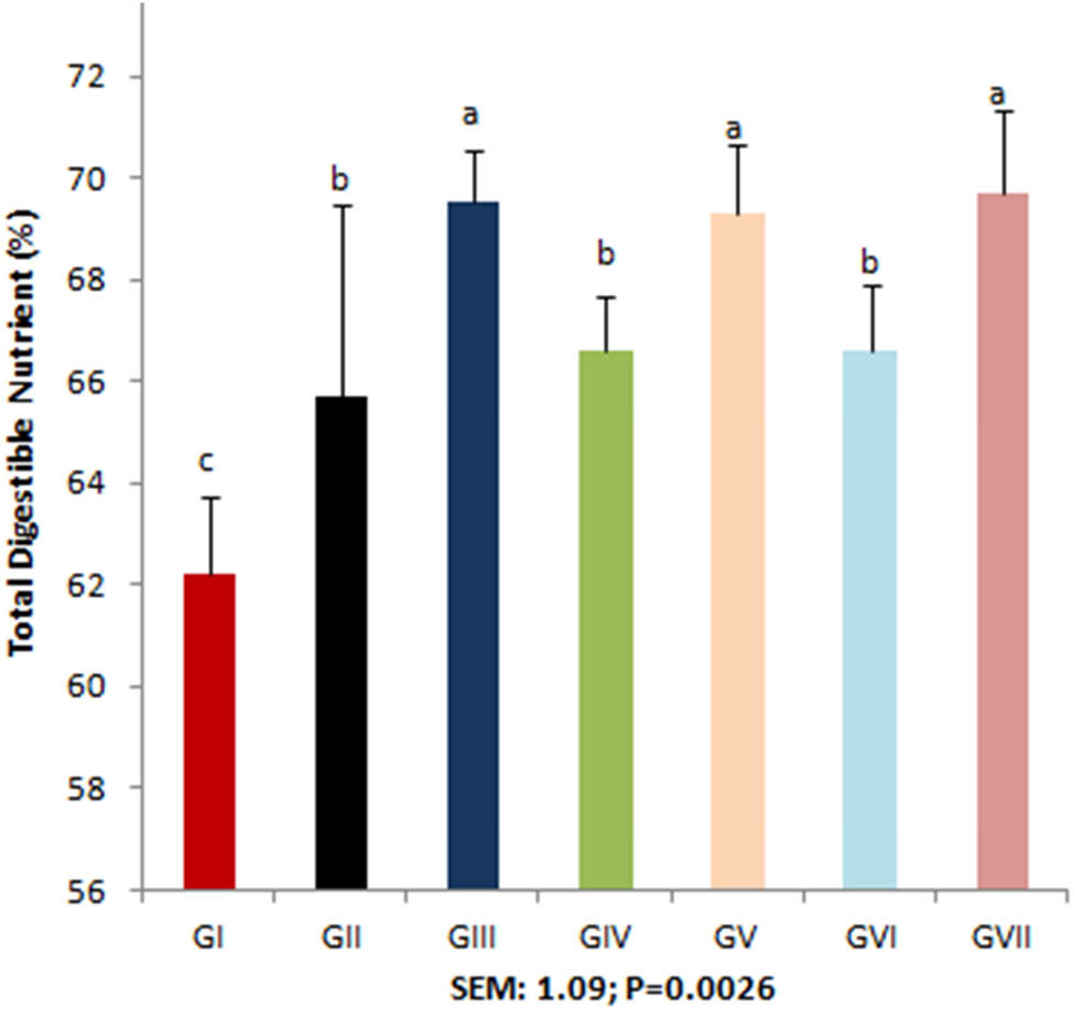 Figure 2
TDNs of WR Xhosa goats supplemented with single or multiple VC dosage. Error bars with different alphabets are significantly different (P < 0.05); GI: control (ad libitum); GII: WR-70%; GIII: WR-50%; GIV: WR-70% + 3 g VC; GV: WR-50% + 3 g VC; GVI: WR-70% + 3 g VC + extra 5 g VC; GVII: W50% + 3 g VC + extra 5 g VC.