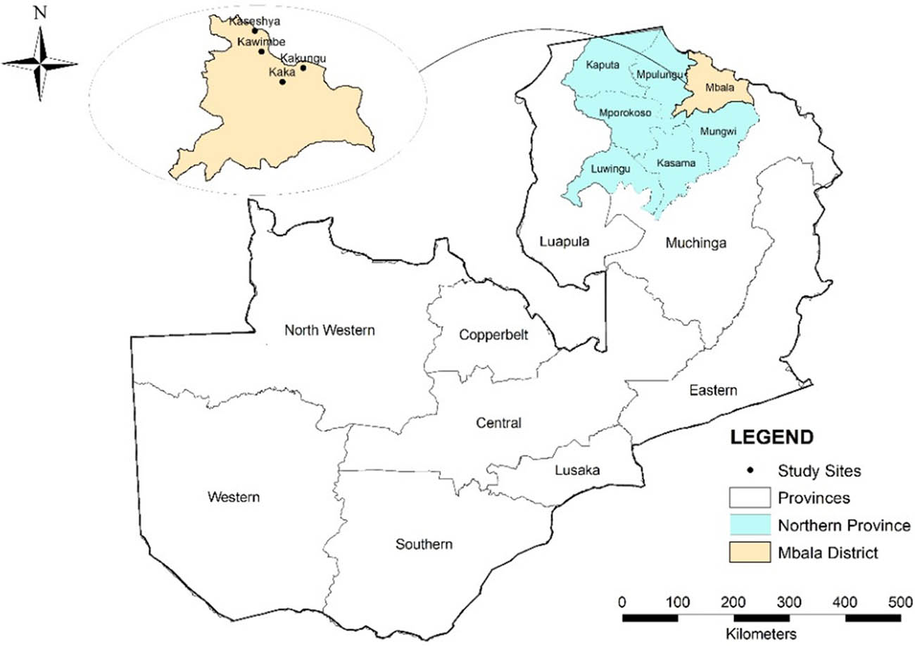 Figure 1 
                  Map of Zambia showing agricultural camps in Mbala district, northern Zambia, used in the survey conducted in August 2018.
               