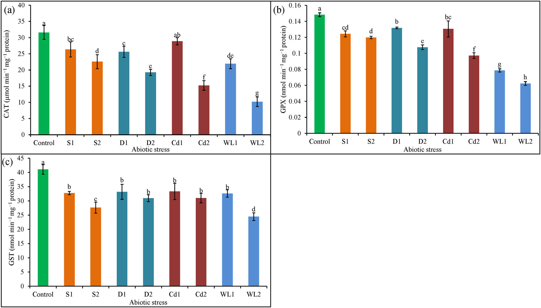 Figure 7 
                  CAT (a), GPX (b), and GST (c) activities of C. olitorius plants affected by different abiotic stresses. S1, S2, D1, D2, Cd1, Cd2, WL1, and WL2 represent 200 mM of NaCl, 400 mM of NaCl, 10 days of water deficit, 15 days of water deficit, 2 mM of CdCl2, 4 mM of CdCl2, 5 days of waterlogging, and 15 days of waterlogging, respectively. Mean value (±SD) was calculated from three replicates for each treatment. Values in a column with different letters are significantly different at p ≤ 0.05 applying LSD test.
               