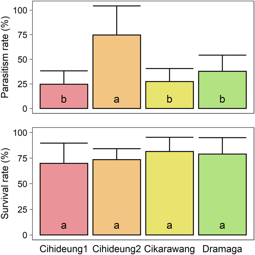 Figure 1
Parasitism and survival rate of Apanteles taragamae in all research locations. Means with different letter are significantly different by Tukey HSD Test (α = 0.05).