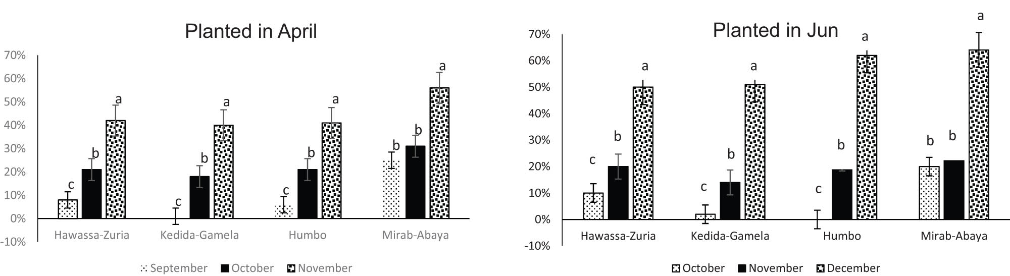 Figure 2 
                  Percentage of weevil-infested roots for different harvest times in four districts in southern Ethiopia (2016). Values with different letters differ significantly at P < 0.001.
               