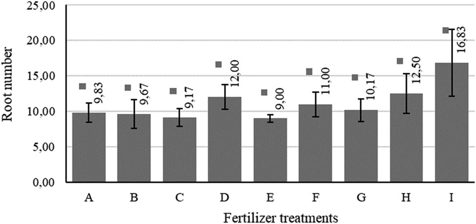 Figure 3
Effect of biofertilizer on root number of nutmeg seedlings at 24 weeks after transplanting in the greenhouse. A: control, B: 0.15% BB foliar spray, C: 0.15% BB soil application, D: 0.3% BB foliar spray, E: 0.3% BB soil application, F: 0.5% MB foliar spray, G: 0.5% MB soil application, H: 1% MB foliar spray, I: 1% MB soil application. BB: bacillus biofertilizer, MB: mixed biofertilizer.
