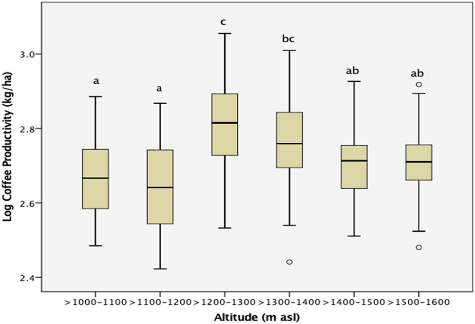 Figure 2
The effect of altitudes on log coffee productivity; general linear model (P < 0.000); means followed by the same letter did not differ (LSD P < 0.05).