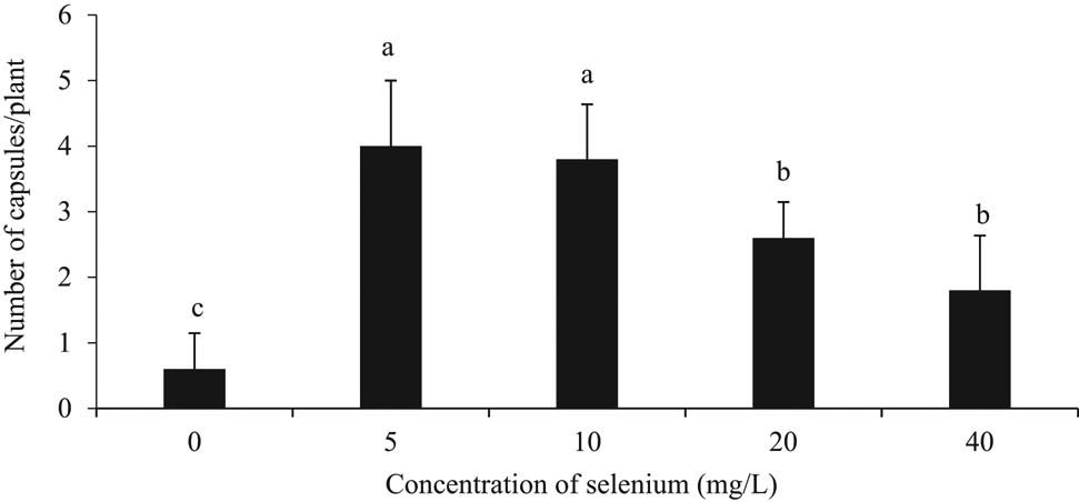 Figure 4
Number of capsules per plant for different treatments at harvest time. The letters above the columns represent a significant (p < 0.05) difference.