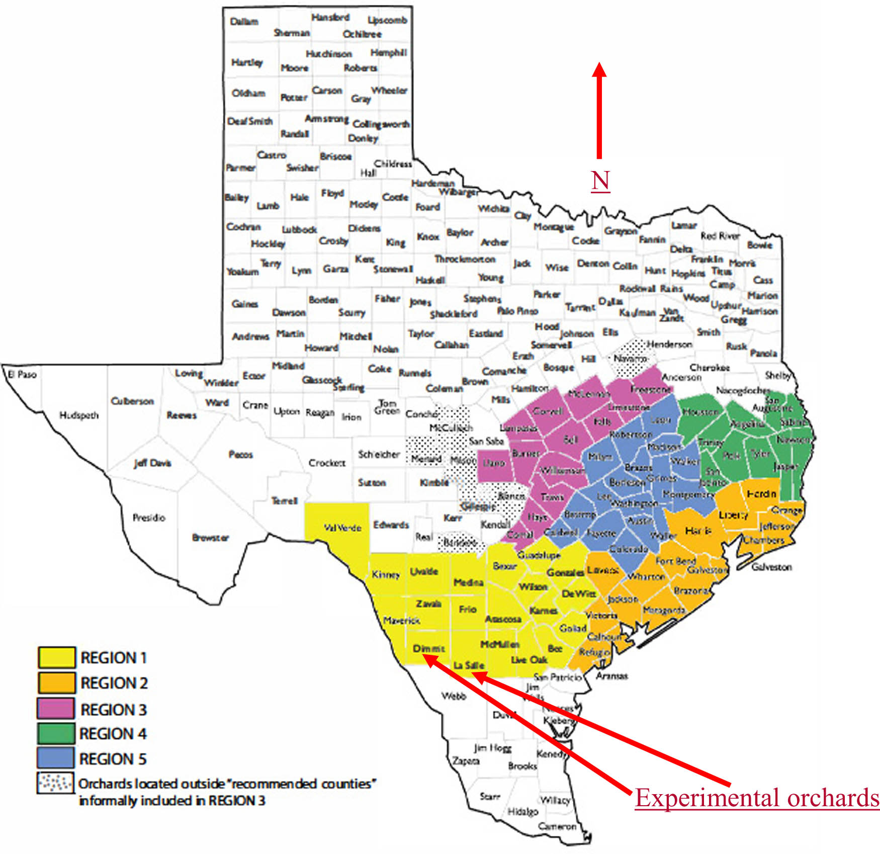 Figure 1
Texas Olive Growing Regions (Texas Association of Olive Oil 2021). Experimental orchards were located in Texas Olive Growing Region 1. Experimental orchards 1 and 2 were located in Dimmitt County, and experimental orchard 3 was located in La Salle County, TX.