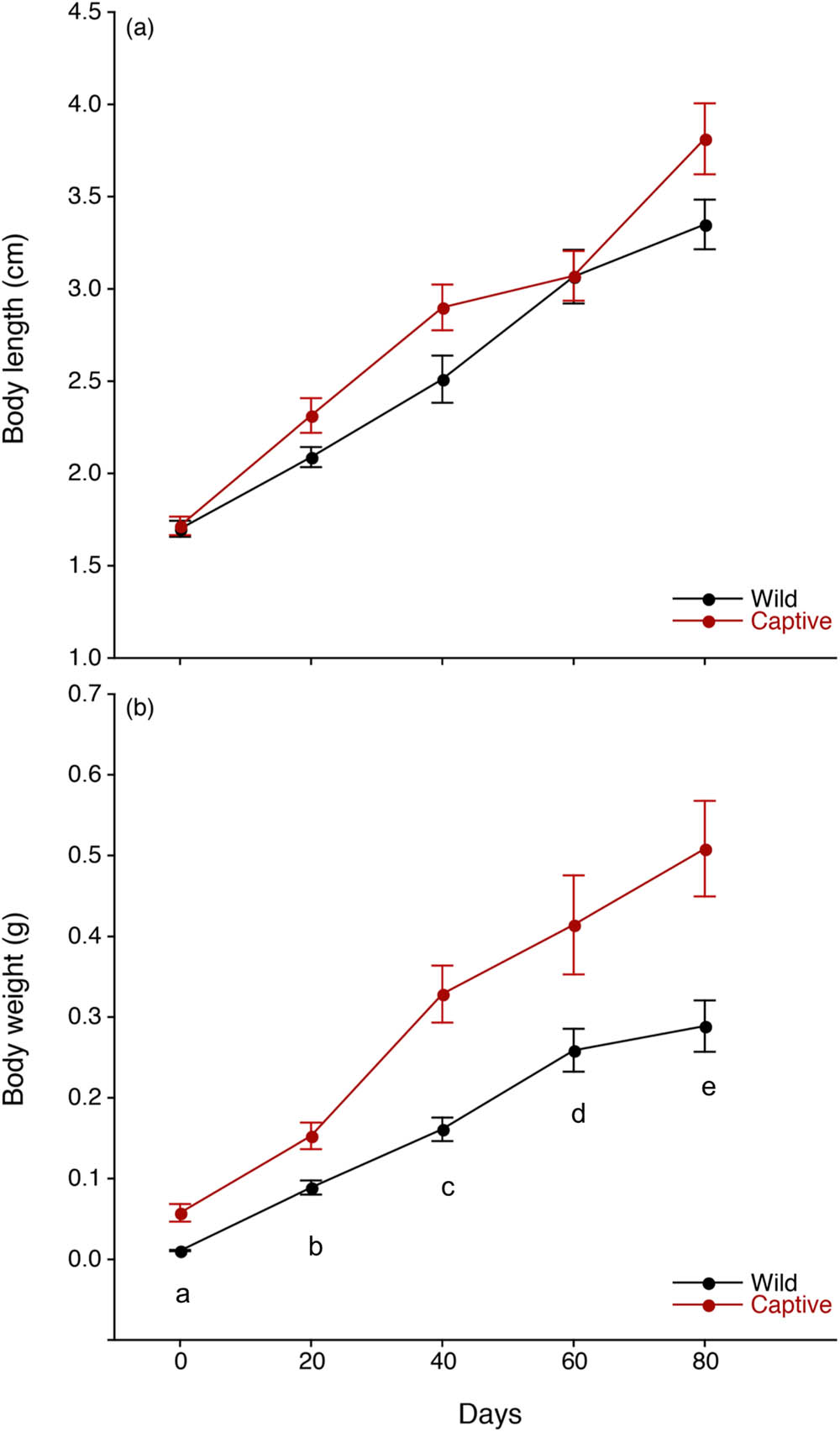 Figure 2 
                  Growth patterns of body length (a) and body weight (b) in wild (black line) and captive (red line) postlarvae in the giant freshwater prawn Macrobrachium rosenbergii. The results are expressed as the mean ± standard error (SE). The letters (a–e) indicate a statistically significant difference at p < 0.05 between wild and captive postlarvae.
               