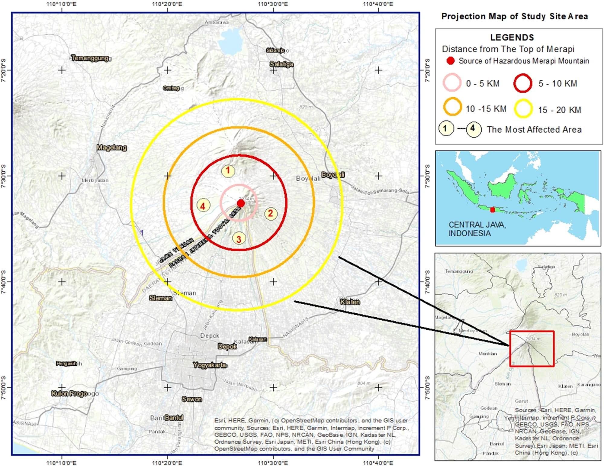 Figure 1 
                  Study area located in the Central Java Province and the Special Region of Yogyakarta, Indonesia: (1) Tlogolele Village, (2) Jemowo Village, (3) Glagaharjo Village, and (4) Krinjing Village; adopted from [16].
               