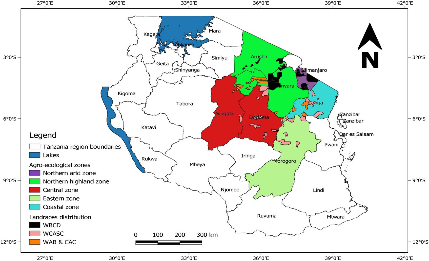 Figure 2 
                     A map of Tanzania showing potential wards and villages in Lablab production along with seed color diversity in each of five Lablab agro-ecological production zone: WBCD refers to the wards with black seeded cultivars dominating; WCASC refers to the wards with cultivars of all colored seeds; and WAB and CAC refers to the wards with high availability of black cultivars and less of other cultivars.
                  