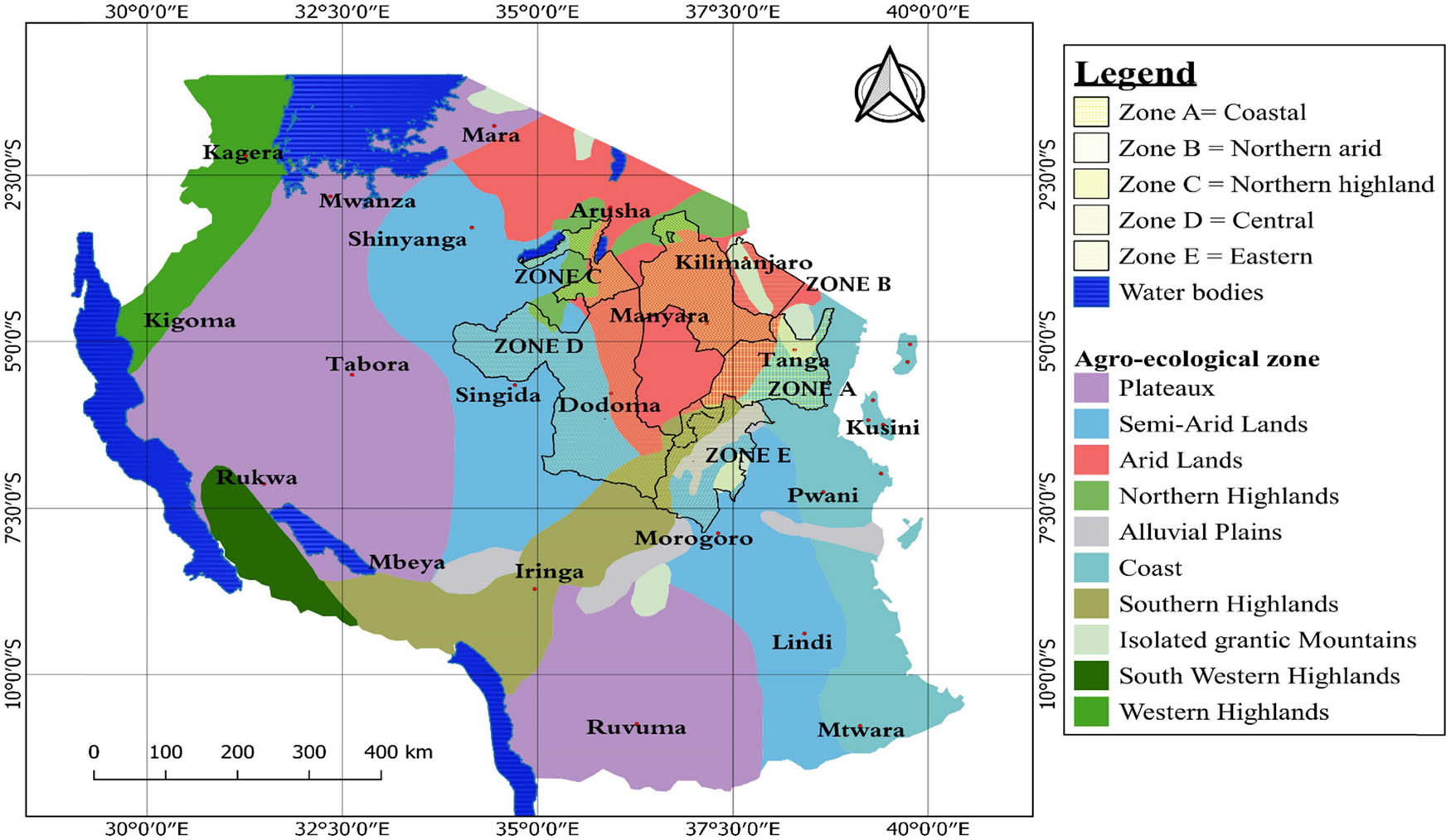 Figure 3 
                     A new map showing the relationship between agro-ecological zones of Tanzania as per MAFSC [24] and areas growing Lablab in Tanzania as per this survey study. All the Lablab growing areas were located in arid or semi-arid lands to suffice findings that Lablab does not need much rainfall [6].
                  