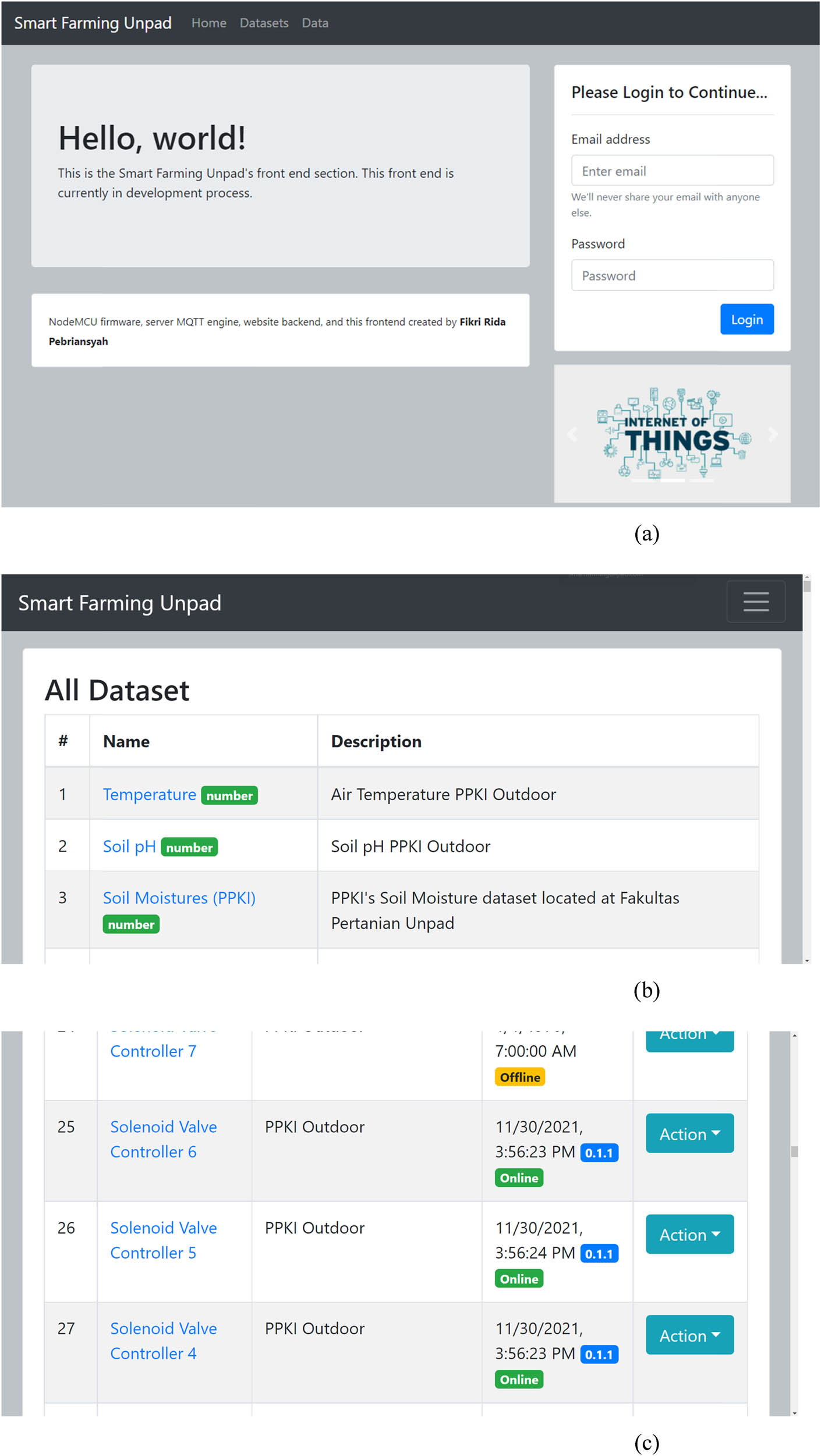 Figure 7
(a) Login page, (b) dashboards datasets list, (c) dashboards devices list, (d) actuator control page, (e) dataset device members, (f) live image feeds, (g) saved data graph page, and (h) the protocol role of real time data record.