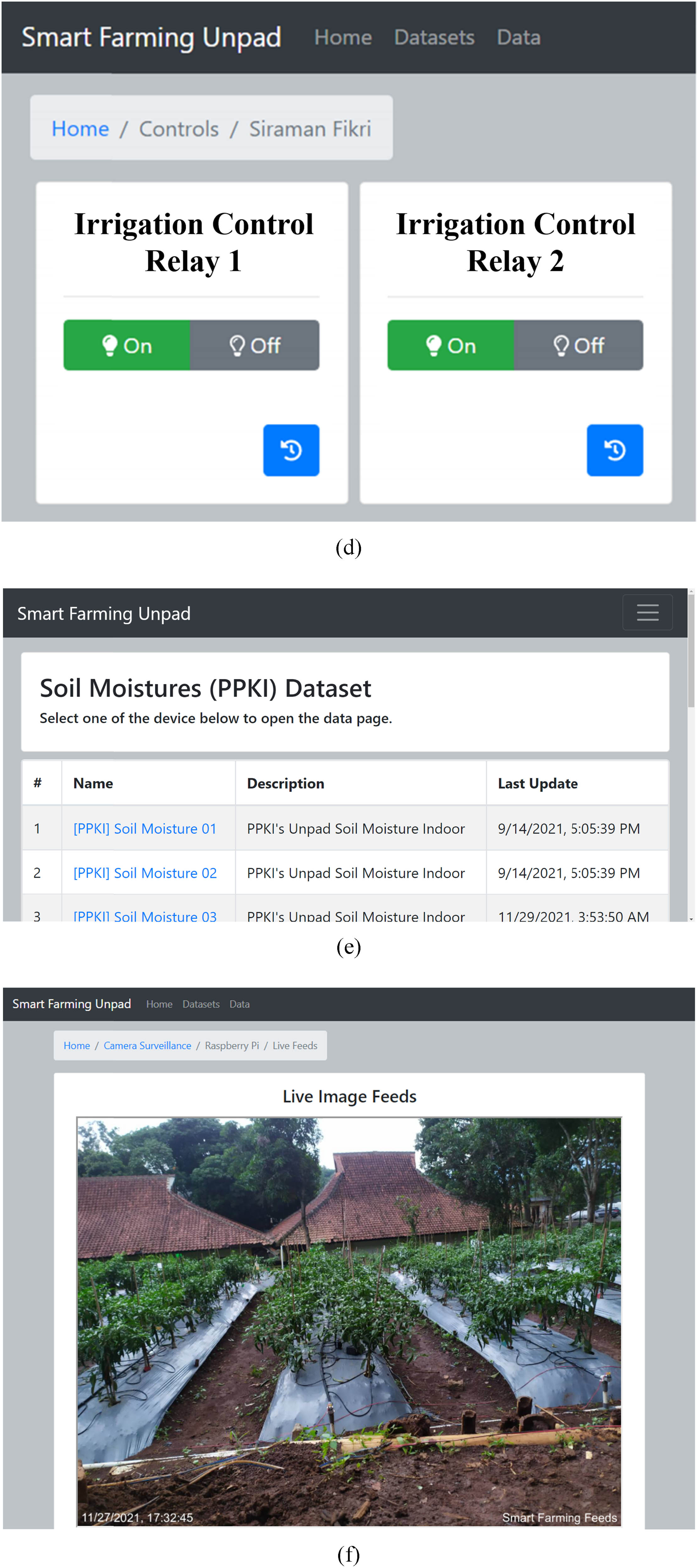 Figure 7
(a) Login page, (b) dashboards datasets list, (c) dashboards devices list, (d) actuator control page, (e) dataset device members, (f) live image feeds, (g) saved data graph page, and (h) the protocol role of real time data record.
