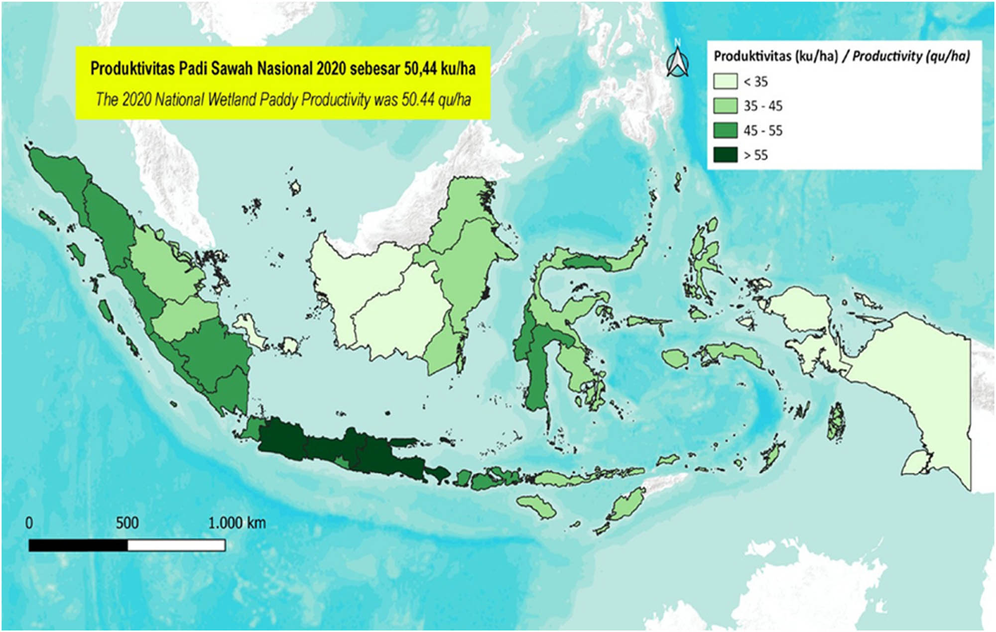 Figure 2 
                  Map of Wetland Paddy Productivity Distribution in Indonesia, 2020 [44].
               