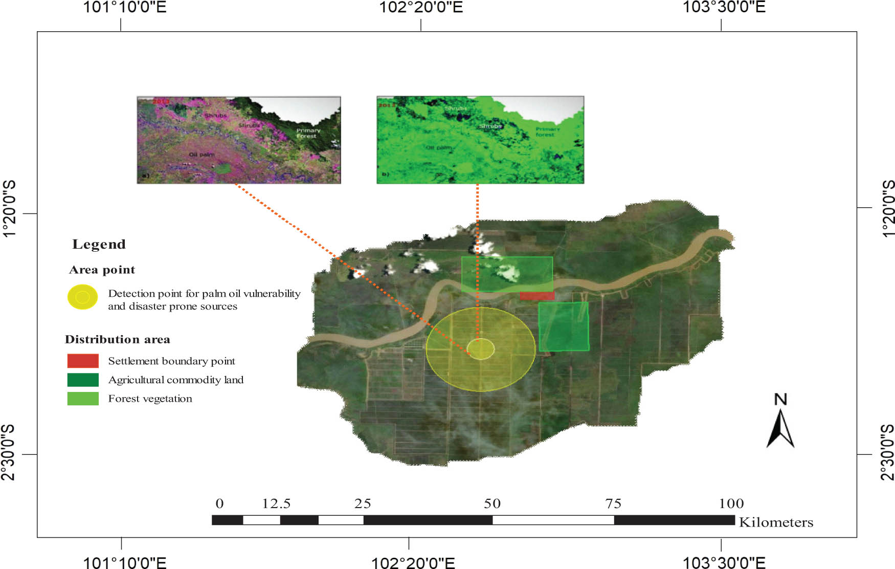 Figure 4 
                  Detection points for palm oil plantations and disaster-prone areas in eight hamlets of Jambi Province. Source: Lansat GIS Indonesia.
               