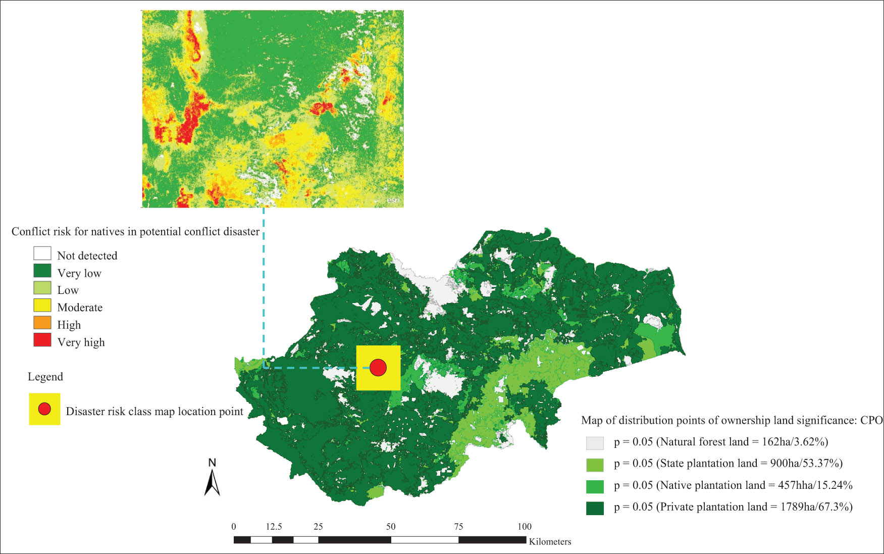 Figure 5 
                  Map distribution of land ownership and risks disaster conflict in the Rokan sub-village, Jambi Province, Indonesia. Source: Geoda & ESRI ArcGIS.
               