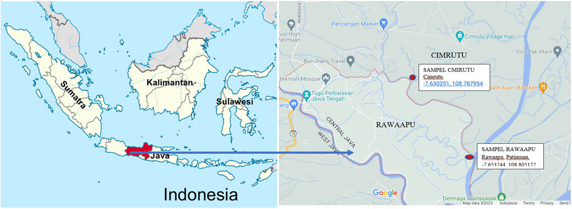 Figure 1 
                  Location map of study sites in Cimrutu (A soil) and Rawaapu (B soil) of Cilacap Regency, Central Java, Indonesia. Source: Google map.
               