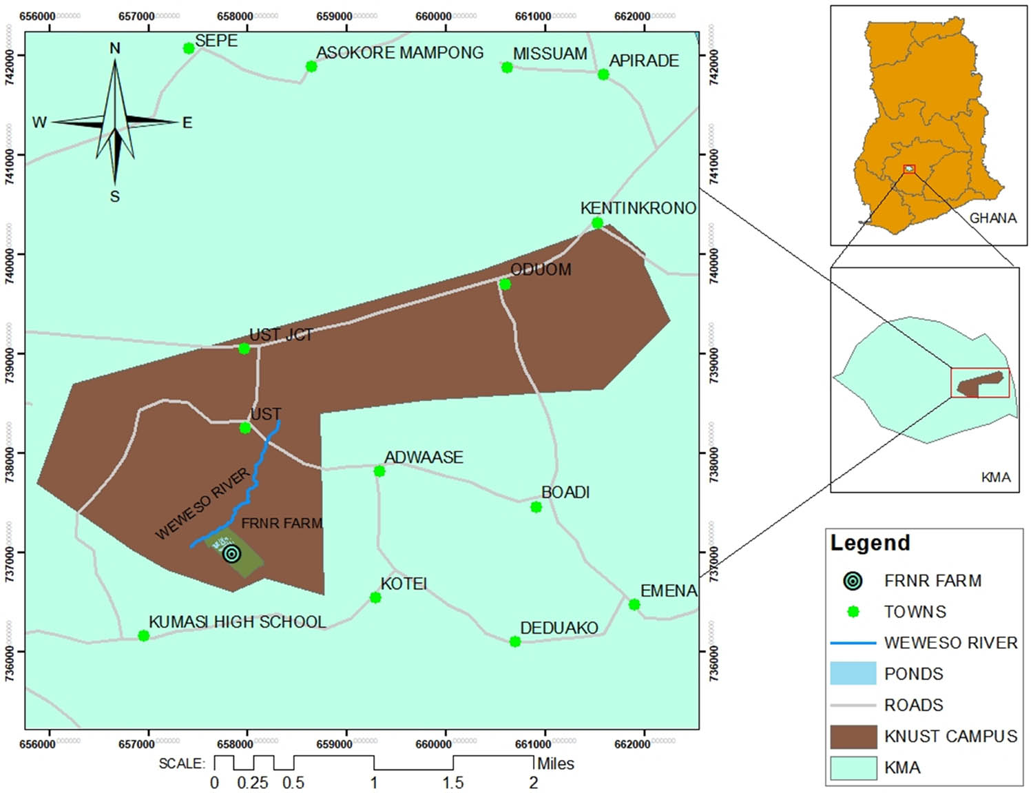 Figure 1 
                  Map of Ghana showing the study area (FRNR demonstration farms).
               