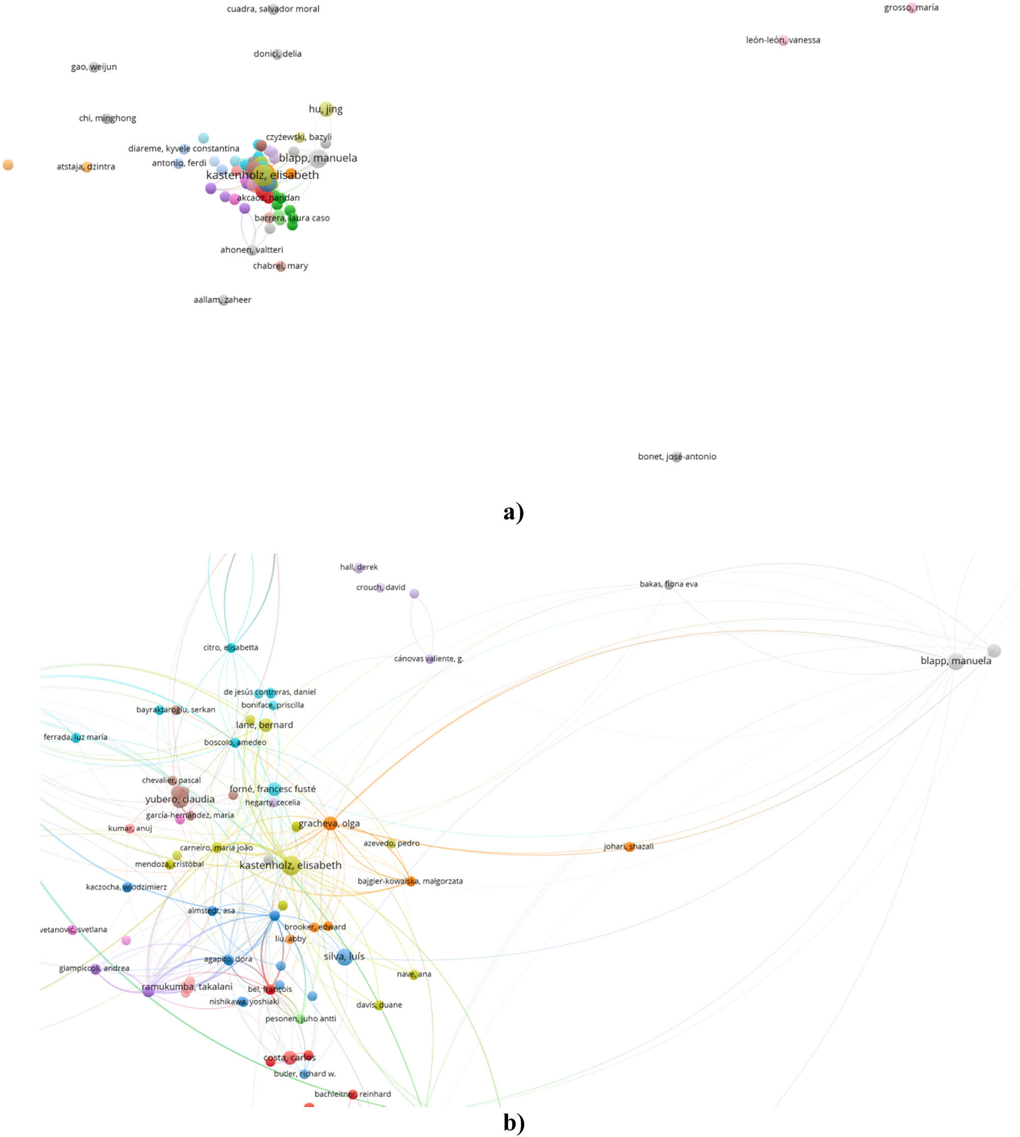 Figure 2 
               Authors items, considering full counting (as counting method), for the topics “tourism in rural areas” or “tourism in rural space” and bibliographic coupling links. (a) Full network and (b) network around the items with the highest number of documents. Source: Own elaboration.
            