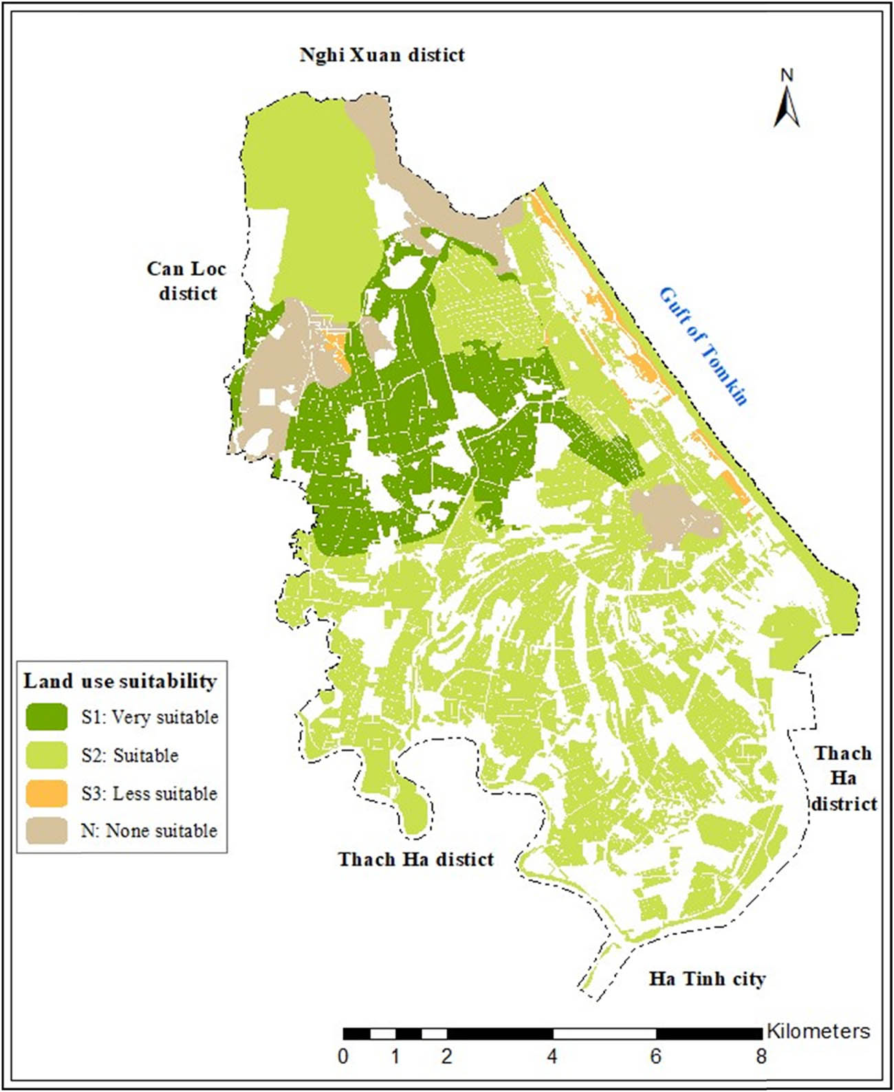 Figure 3
Map of land use suitability in Loc Ha district, Ha Tinh. Source: Map retrieved from Land use data of Loc Ha district People committee, 2023.