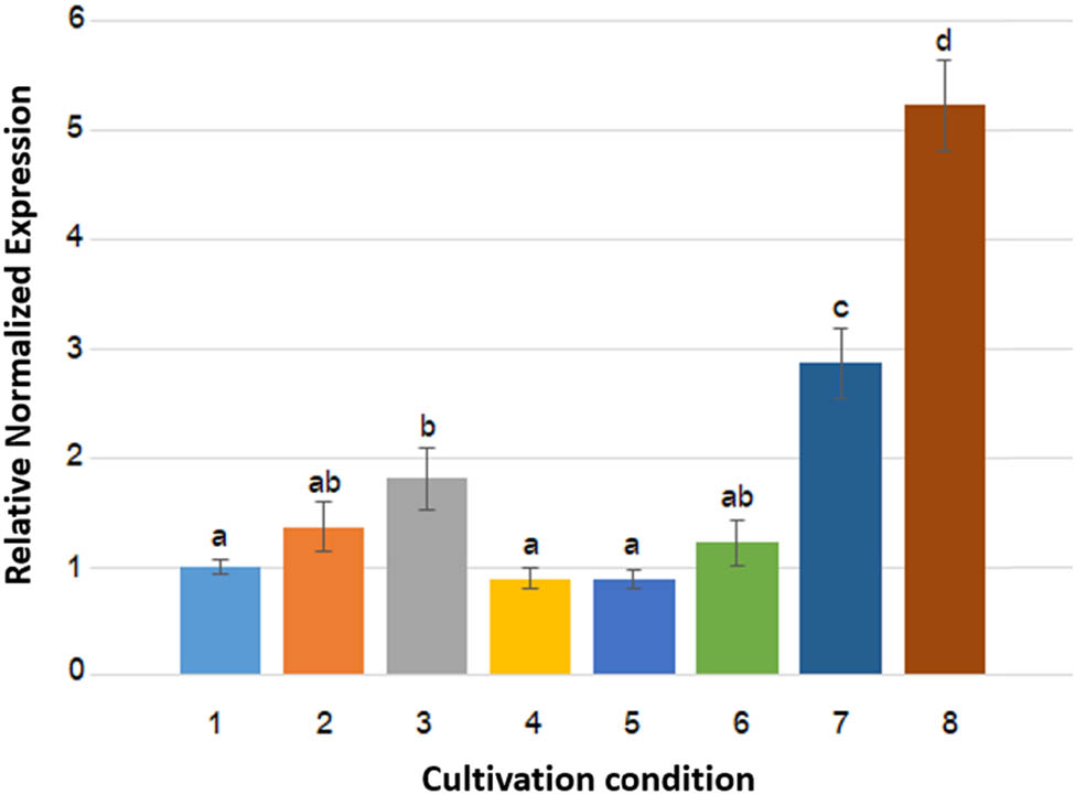 Figure 1
Relative gene expression levels of the hdc gene of the HPB strain, Citrobacter sp. ENTSF 29-3, under various cultivation conditions. Graph bars are presented as mean values from three experiments. Error bars indicate standard deviations. Graph bars with the same letters are not significantly different (p > 0.05) according to Tukey’s test. Numbers 1–8 on the X-axis refer to the cultivation conditions that are in accordance with those in Table 1.