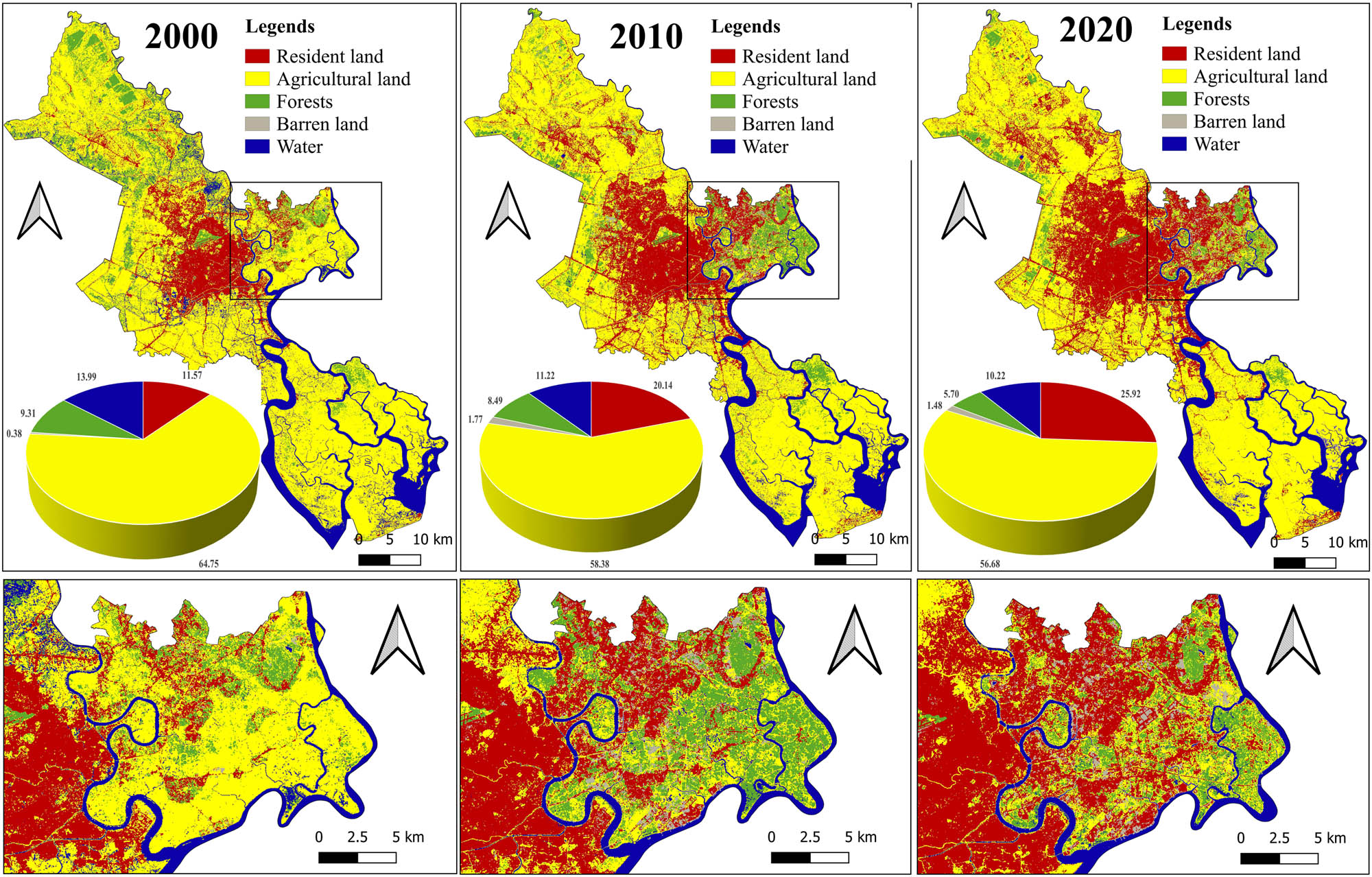 Figure 3 
                  Land use/land cover in HCM city in 2000, 2010, and 2020. Source: authors’ compilation from ALOS, 2024.
               