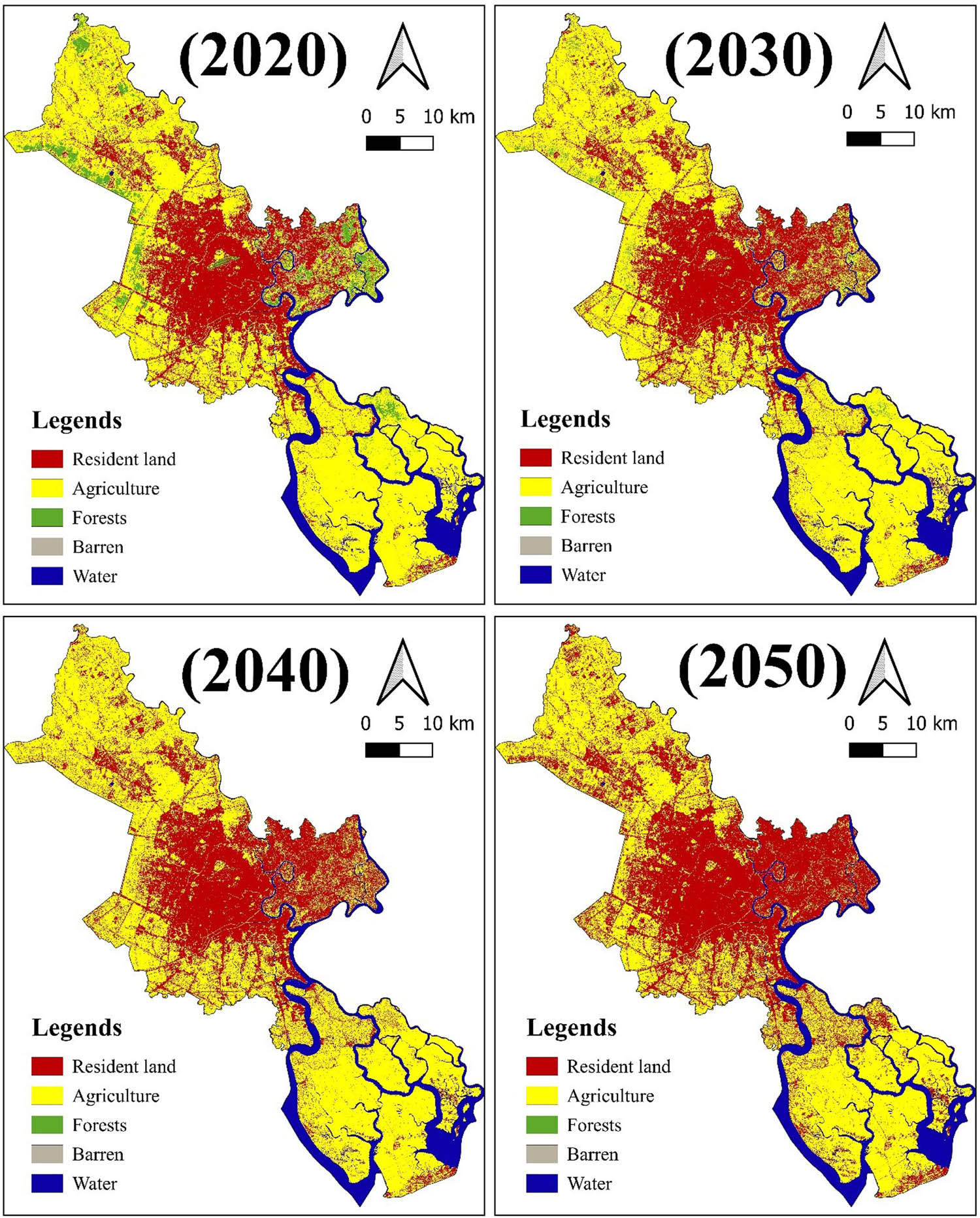 Figure 4 
                  Forecasting the transformation of land use spatial distribution in HCM city. Source: Authors’ compilation by ANN approach, 2024.
               