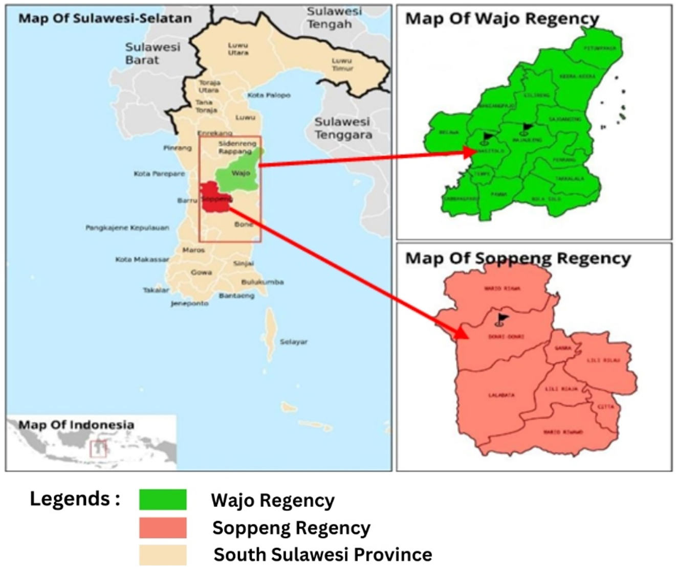 Figure 1: 
Map of the research location in Soppeng and Wajo Regencies, South Sulawesi Province, Indonesia. Source: Modified from Wikimedia, accessed July 5, 2025.
