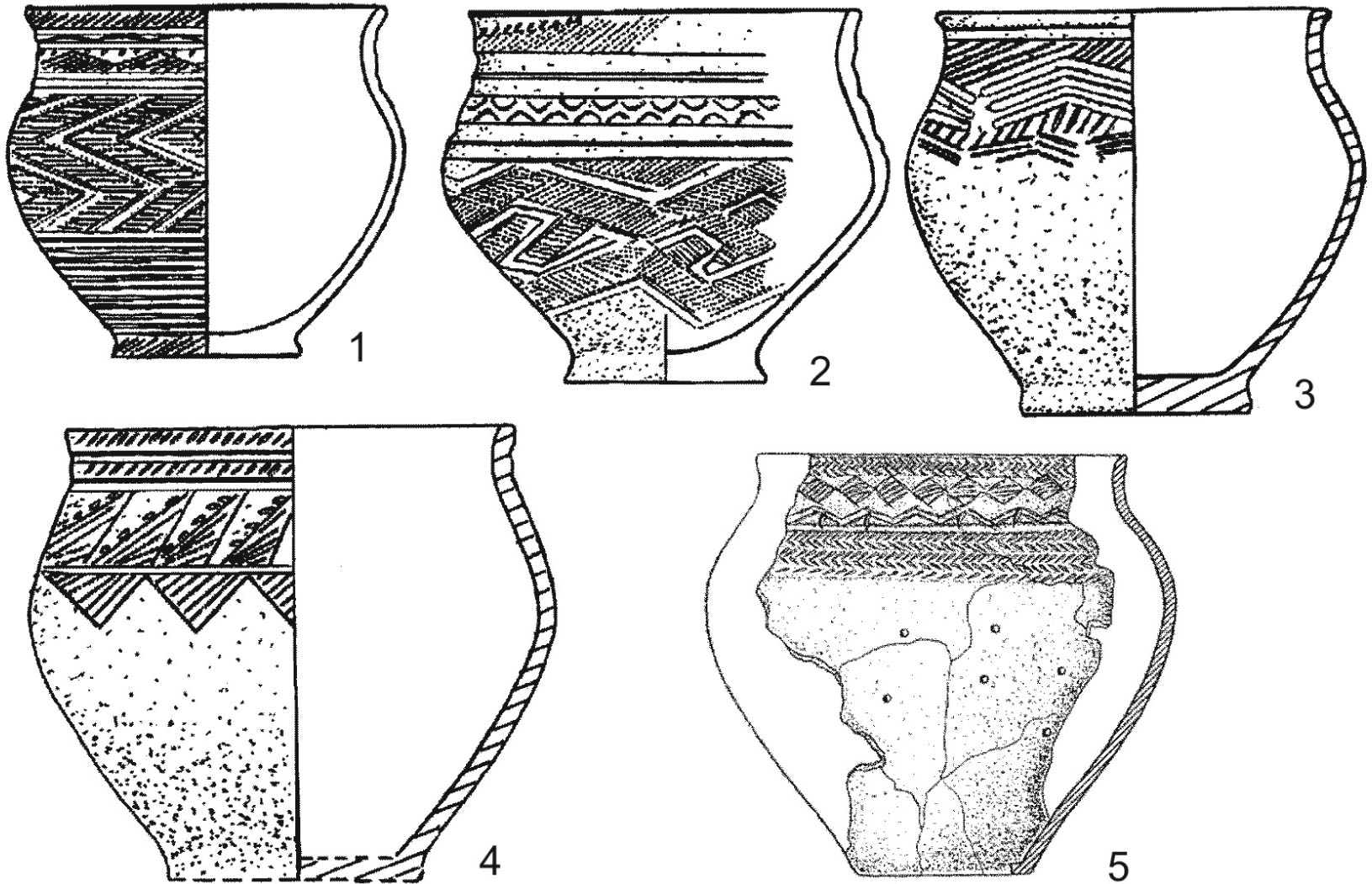 Figure 7 Cherkaskul (1, 2) and Mezhovka (3–5) ceramics: 1–4 – Priplodny Log, 5 – Kamyshnoe II (1–4 – after Zdanovich, 1988; 5 – after Potemkina, 1985).