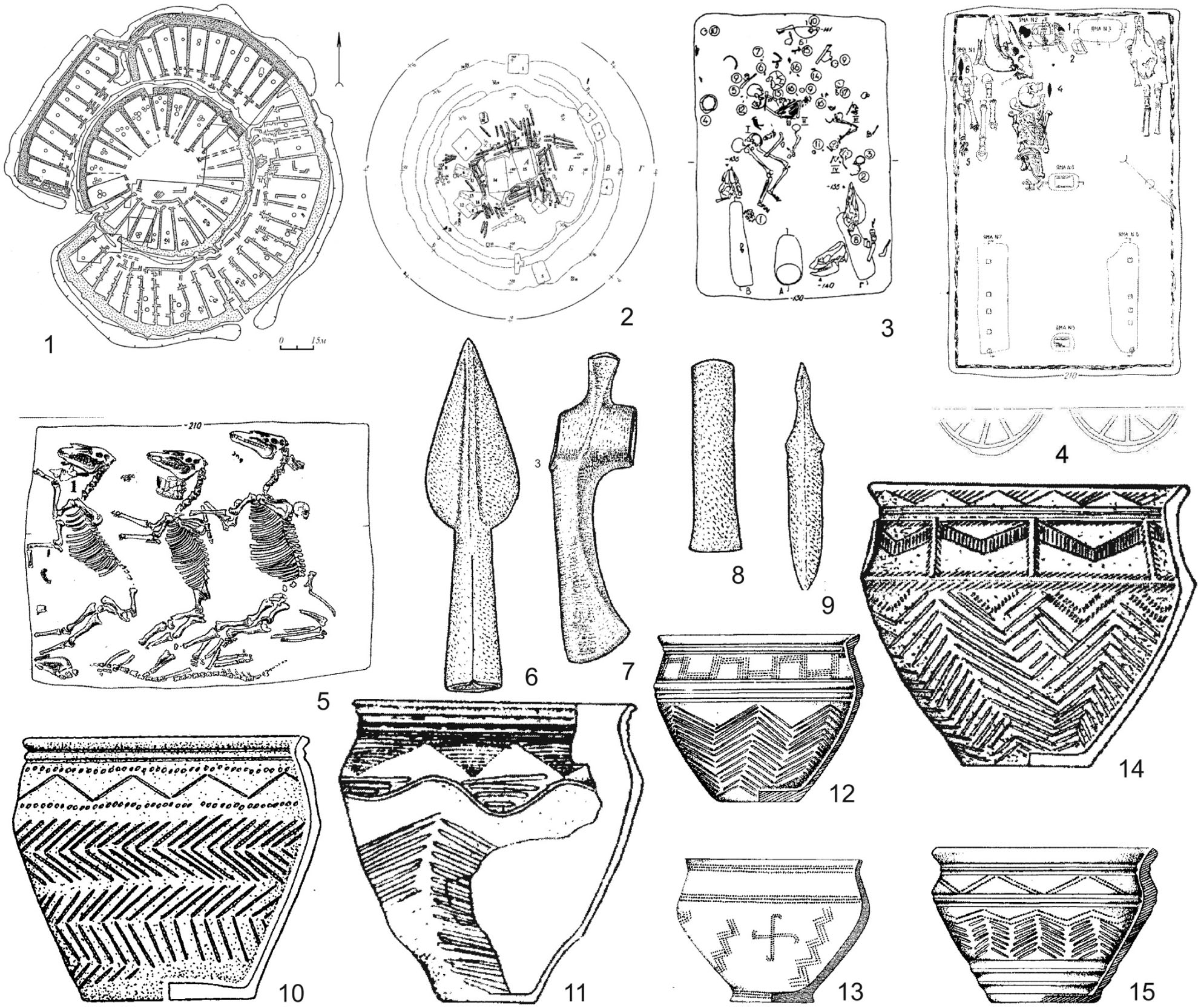 Figure 10 Sintashta culture: 1, 11 – Arkaim settlement; 2–8, 10–15 – Sintashta cemetery; 9 – Bolshekaragansky cemetery (1, 11 – after Zdanovich, 1997; 2–8, 10–15 – after Gening, Zdanovich, & Gening, 1992; 9 – after Botalov, Grigoriev, & Zdanovich, 1996).
