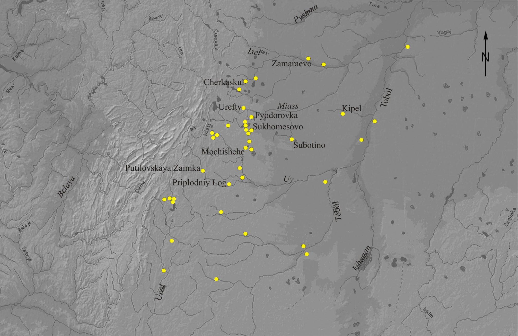 Figure 21 Map of the distribution of Fyodorovka sites in the Transurals. The border between the steppe and forest-steppe is along the Uy River and along the Ural Mountains (after Grigoriev, 2008).