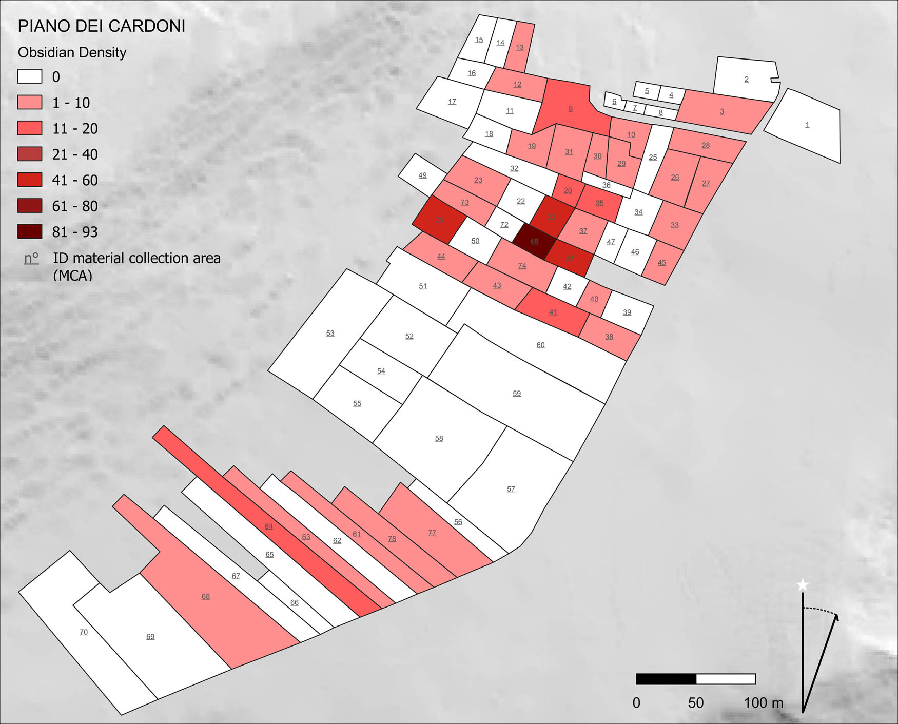 Figure 5 
                  Surface distribution area of obsidian items collected in 2017–2018, from 0 (white) to dark red (93 items).
               