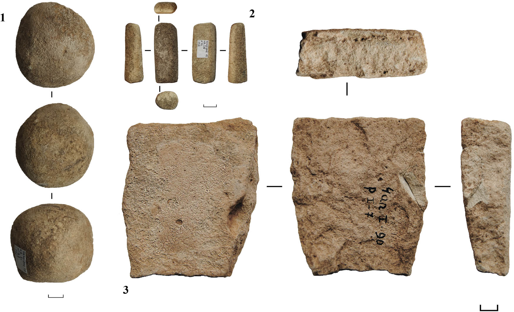 Figure 4
Sandstone items from Chapaevka. 1 – a round hammerstone (⌀ 54–56 mm), 2 – a grindstone (50 × 18 × 10 mm), 3 – a big piece of coquina with traces of trituration.