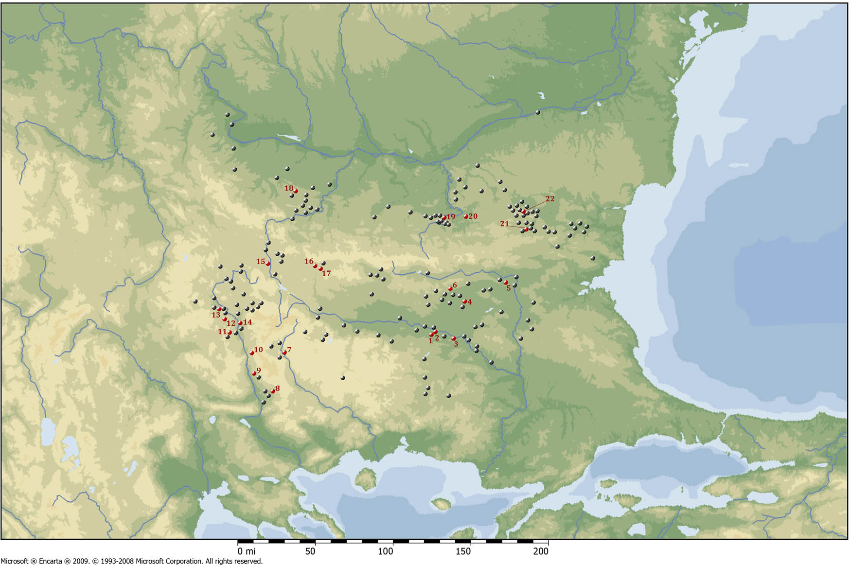 Figure 1 
                  Distribution map of the Early Neolithic sites (black dots) and enclosed sites (red dots) in Bulgaria. (1) Yabalkovo 1; (2) Yabalkovo 2; (3) Nova Nadezhda; (4) Pilyov kaynak; (5) Kazlacha; (6) Azmak; (7) Eleshnitsa; (8) Kovačevo; (9) Ilindentsi; (10) Brezhani; (11) Drenkovo–Garleshki nivi; (12) Vaksevo–Studena voda; (13) Bersin; (14) Mursalevo; (15) Slatina–Sofia; (16) Mirkovo; (17) Chavdar; (18) Ohoden; (19) Samovodene; (20) Kovachevets; (21) Varbitsa; and (22) Ovcharovo-Gorata.
               
