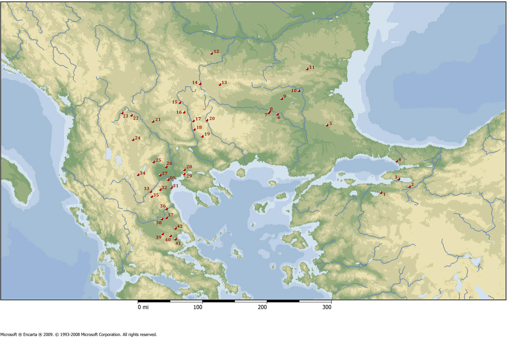 Figure 2 
               Distribution map of ditch enclosures in Northwest Anatolia (Late Neolithic and Early Chalcolithic), Bulgaria (EN), Republic of North Macedonia (EN), and North Greece (Early and Middle Neolithic). (1) Aktopraklık; (2) Barcın Hӧyük; (3) Ilıpınar; (4) Pendik; (5) Aşağı Pınar; (6) Nova Nadezhda; (7) Yabalkovo 1; (8) Yabalkovo 2; (9) Pilyov kaynak; (10) Kazlacha; (11) Varbitsa; (12) Ohoden; (13) Mirkovo; (14) Slatina–Sofia; (15) Bersin; (16) Drenkovo–Garleshki nivi; (17) Brezhani; (18) Ilindentsi; (19) Kovačevo; (20) Eleshnitsa; (21) Anzabegovo; (22) Govrlevo; (23) Tumba–Brvenitsa; (24) Vrbjanska Čuka; (25) Apsalos–Grammi; (26) Giannitsa B; (27) Nea Nikomedeia; (28) Lete I; (29) Stavroupoli; (30) Paliambela Kolindros; (31) Korinos–Revenia; (32) Ag. Nikolaos–Ritini; (33) Kryovrysi of Kranidion; (34) Anarghiri XI; (35) Servia; (36) Makrychori; (37) Soufli Magoula; (38) Argissa; (39) Achilleion; (40) Perdika 1; (41) Almiros 2; and (42) Rizomilos 2.
            