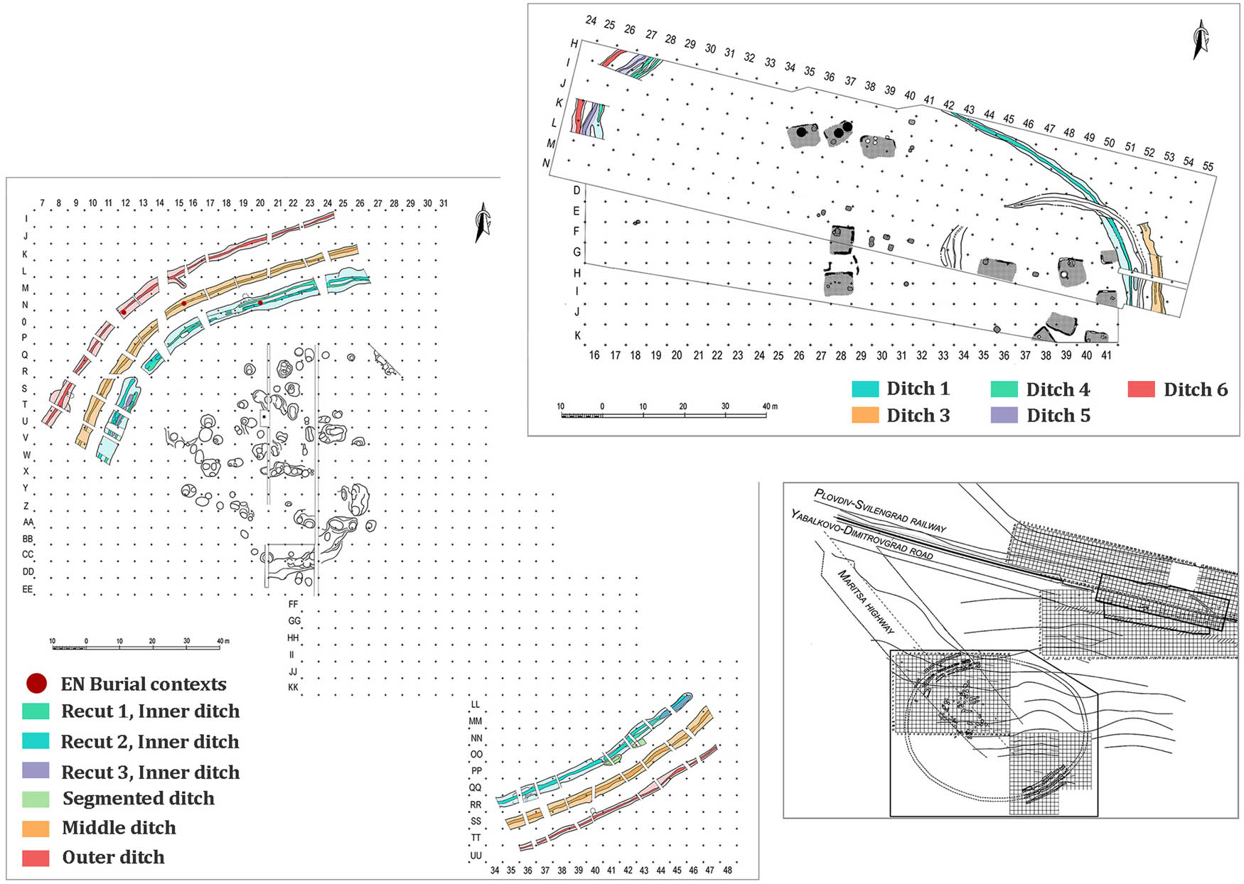 Figure 3 
                  Yabalkovo enclosures (after Roodenberg, Todorova, & Petrova, 2013, Figure 1, with modifications by the author). Main plan of Yabalkovo 1 enclosure (left); main plan of Yabalkovo 2 enclosure (top right); and the position of both enclosures within the infrastructure projects that affects them (bottom right).
               
