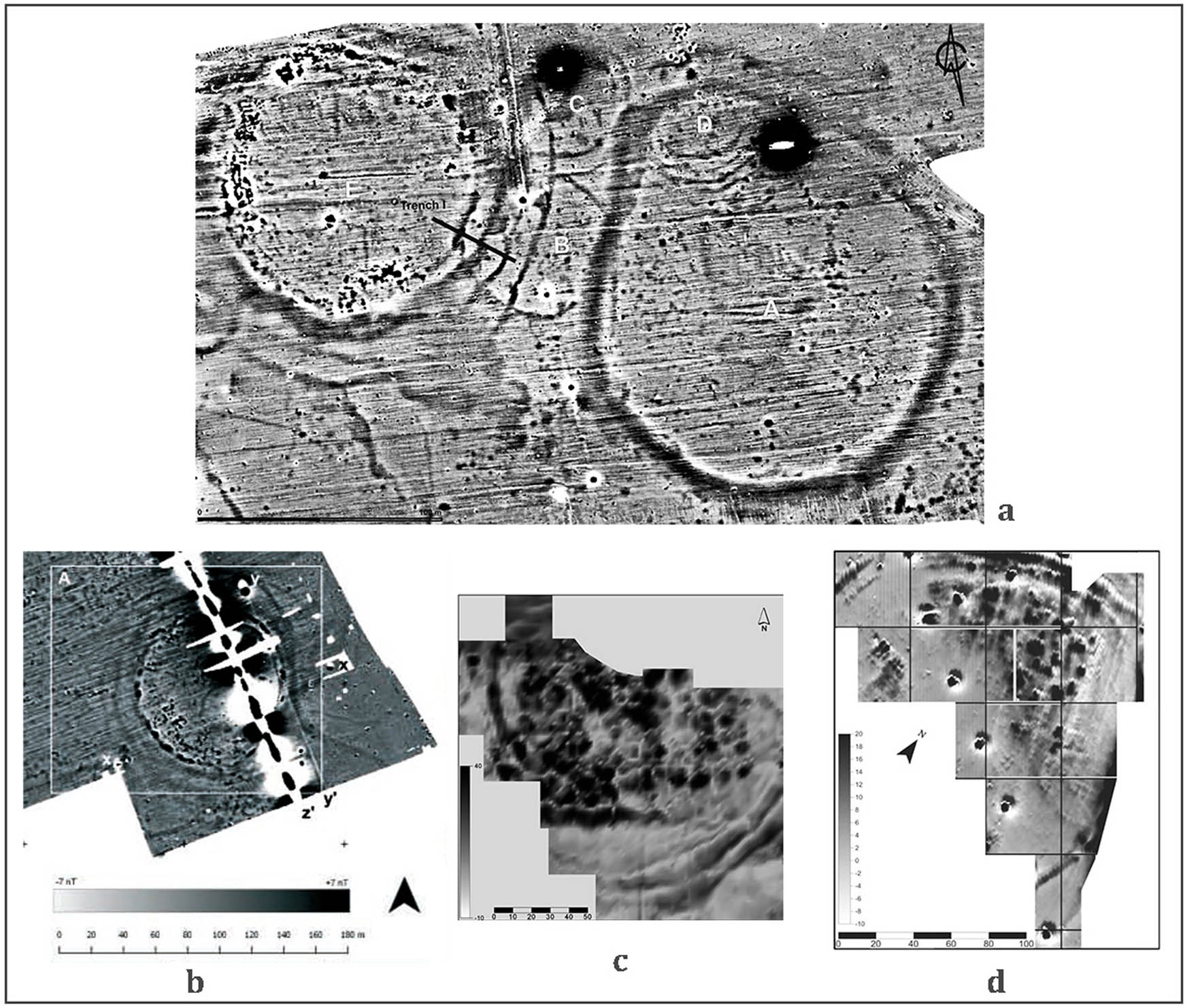 Figure 5 
                  Magnetic plans of ditch enclosures: (a) Kazlacha (Petrova et al., 2016, Figure 1); (b) Pilyov kaynak (Bacvarov et al., 2016a, Figure 2); (c) Brezhani (Grebska-Kulova & Zidarov, 2011a, Figure 2); (d) Drenkovo–Garleshki nivi (Grebska-Kulova & Zidarov, 2011b, Figure 2).
               