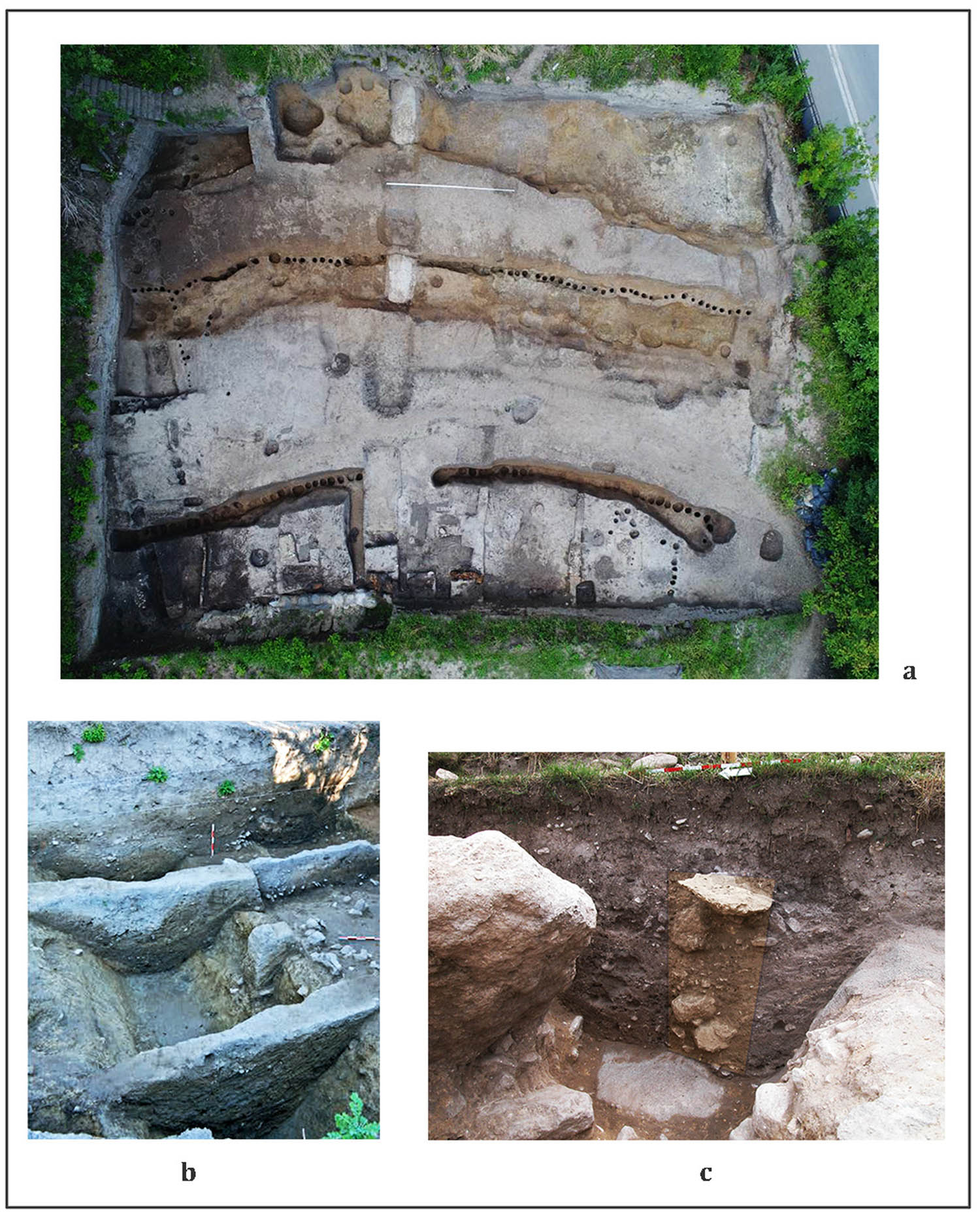 Figure 8 
                  Ditches in Southwest Bulgaria: (a) aerial photograph of the enclosure at Slatina–Sofia (Nikolov & Takorova, 2018, p. 15); (b) photograph of the ditch at Bersin, view from the south (Vandova, 2020, p. 234, Figure 1.1); (c) photograph of the section of the ditch at Ilindentsi (Grębska-Kulow & Zidarov, 2020, p. 172, Figure 5).
               