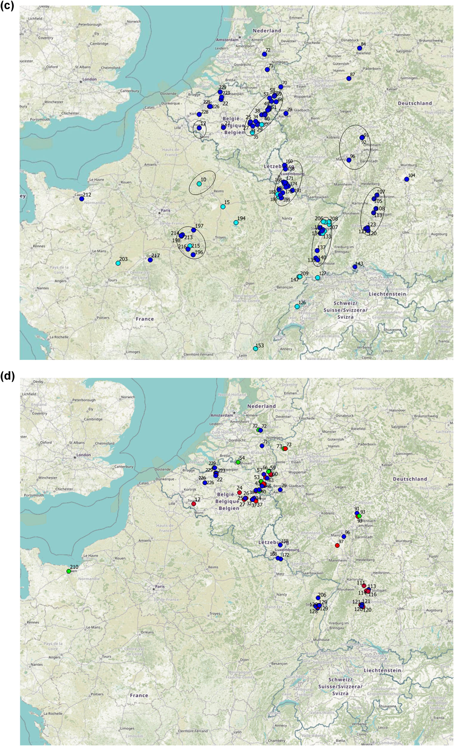 Figure 1 
                  Distribution maps of bone-tempered (a) (red), organic-tempered (b) (green), and mineral-tempered (c) (blue) Non-LBK pottery. The light blue circles in (c) denote fossil shell-tempered Non-LBK pottery. The circles denote LBK settlement clusters. The distribution of grog-tempered Non-LBK pottery is shown in (d).
               