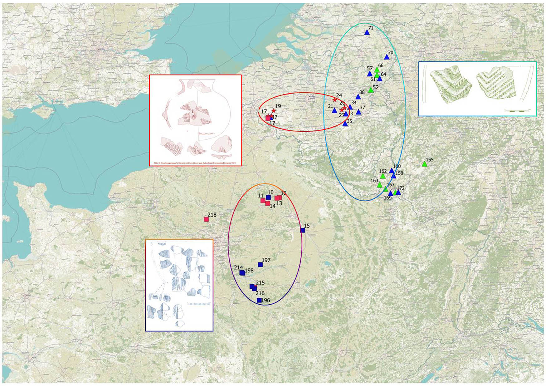 Figure 5 
                  Distribution areas of regional decoration patterns. Examples from Gassel and Sehndorf (right) with organic and mineral temper (blue and green), Auchechies (top left) with bone temper (red), and Cuiry-lès-Chaudardes (bottom left) with mineral and bone temper (blue and red). (Drawing: Author with figures from Brounen & de Jong, 1988, p. 185, Figure 3a; Constantin & Demarez, 1981, p. 219, Figure 7; Constantin, 1985, pl. 76 378.1,2; Fritsch, 2000b, p. 232, pl. 1.1).
               