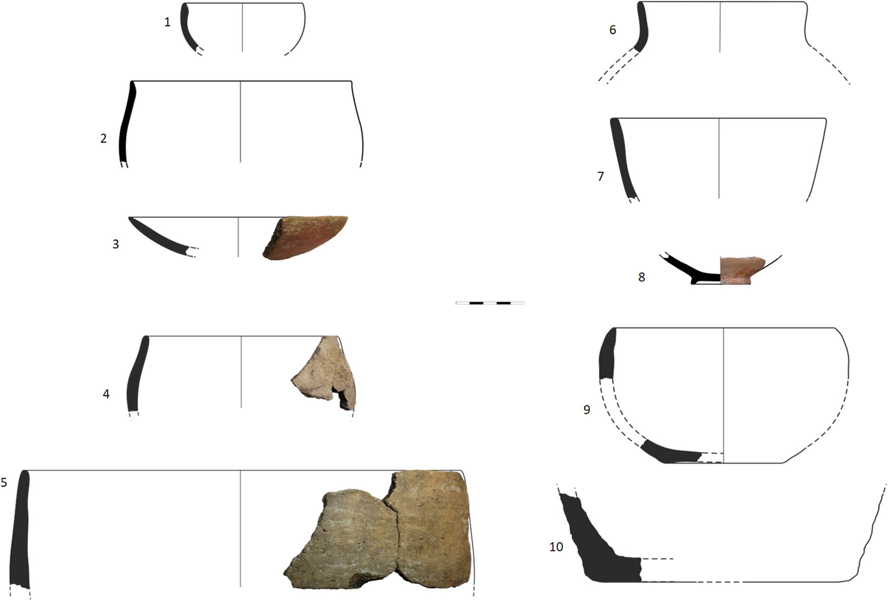 Figure 4 
                  Organic-tempered vessels from the end of the Early Neolithic. (1 and 2) Revenia, (3 and 4) Roditis, (5) Lete III, (6–8) Ritini, (9 and 10) Paliambela Kolindros. Archive of the THALES-Exploring programme.
               