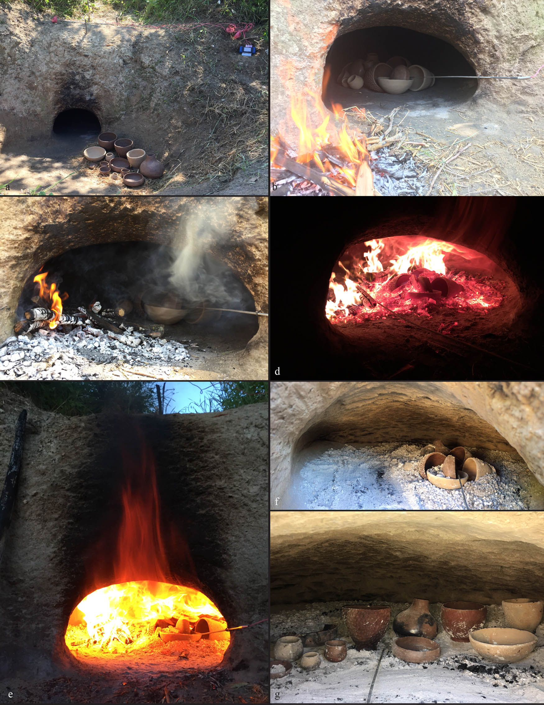 Figure 7
Oxidising pottery firing (B). (a) Preparation of the experiment and setting of the thermocouples, (b and c) heating step, (d and e) firing, (f) state of oven and vessels after the cooling phase, and (g) final result.