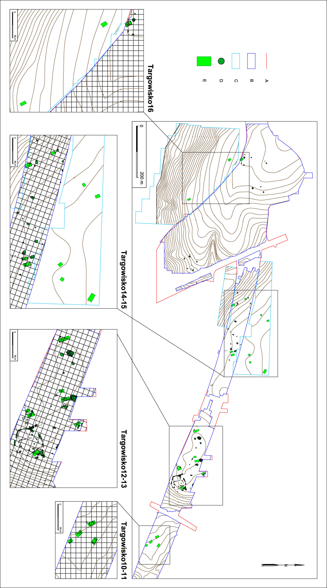 Figure 3
Spatial distribution of MC houses in Targowisko (sites 10–16) settlement complex: (a) boundaries of the unexplored area, (b) boundaries of the excavated area, (c) boundaries of geomagnetic survey, (d) MC features and (e) MC houses (drawn by P. Kalka).
