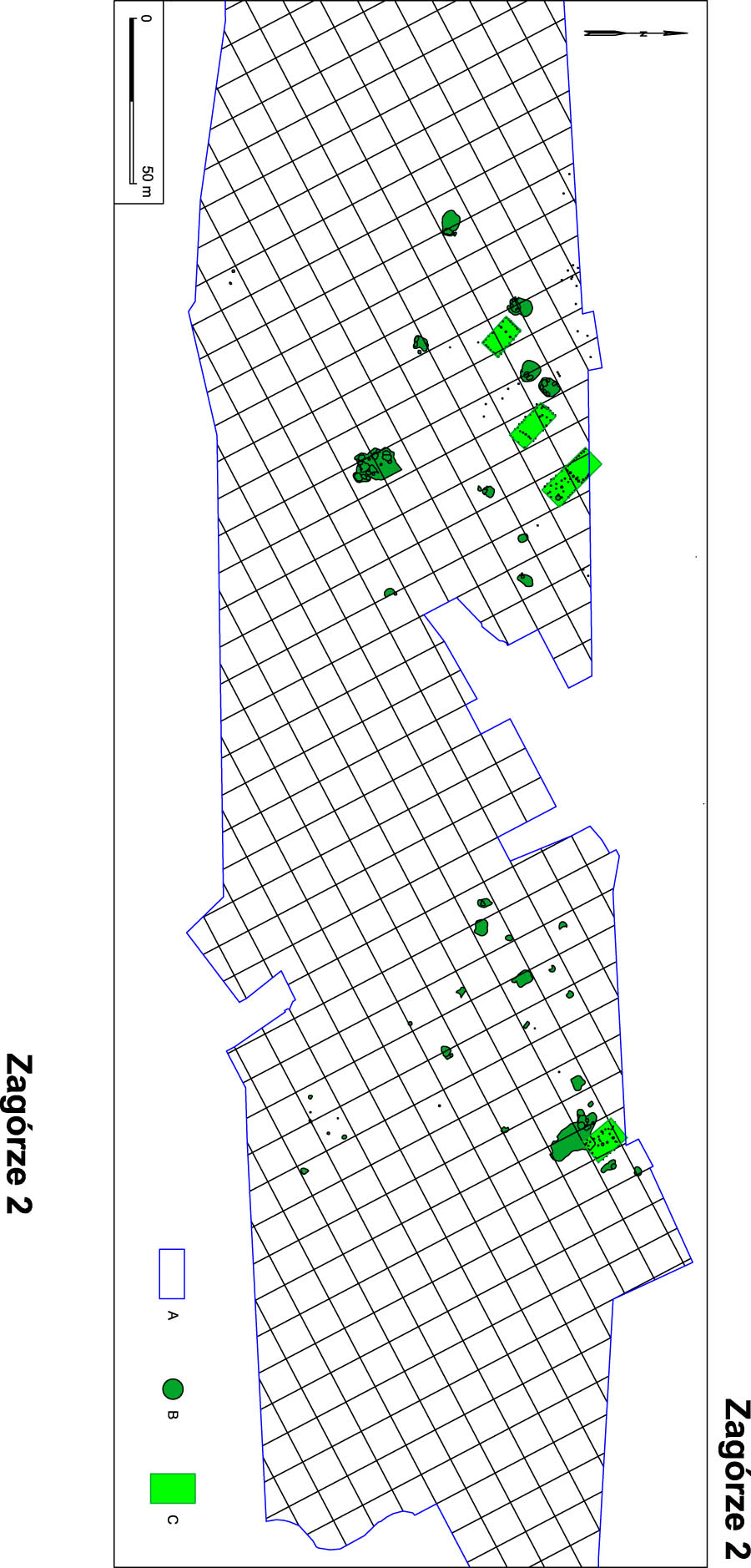 Figure 4
Spatial distribution of MC houses in Zagórze site 2; (a) boundaries of the excavated area, (b) MC features, and (c) MC houses (drawn by P. Kalka).