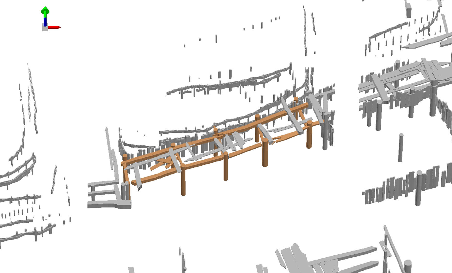 Figure 10 
                  Executing step 13: extract of a 3D visualization of wood groups. A structure consisting of several groups, the first phase of a corduroy street, is highlighted in brown (Graphics: F. Rösch).
               