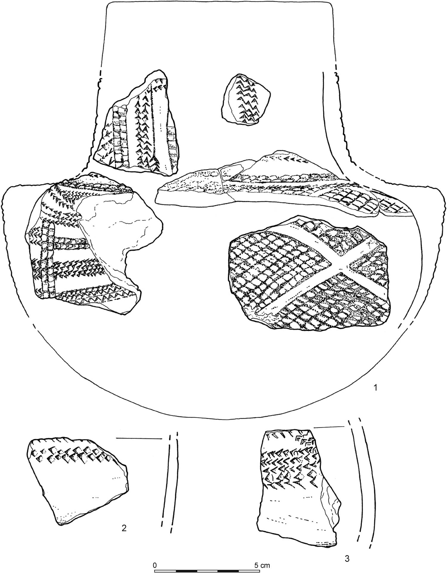 Figure 4
Pottery recorded at Dąbki (1–3) (after Czekaj-Zastawny, 2015), attributed to the Bodrogkeresztúr culture by its discoverers (Czekaj-Zastawny, 2015; Czekaj-Zastawny, Kabaciński, & Terberger, 2011a, 2011b; Czekaj-Zastawny, Kabaciński, Terberger, & Ilkiewicz, 2013). Such attribution has been contested by some researchers, who claim the possible Rössen connections (Chmielewski, 2020; Czerniak, 2018); this criticism is not shared by the present author. One way or another, this pottery certifies contacts between the Late Mesolithic and Neolithic worlds.