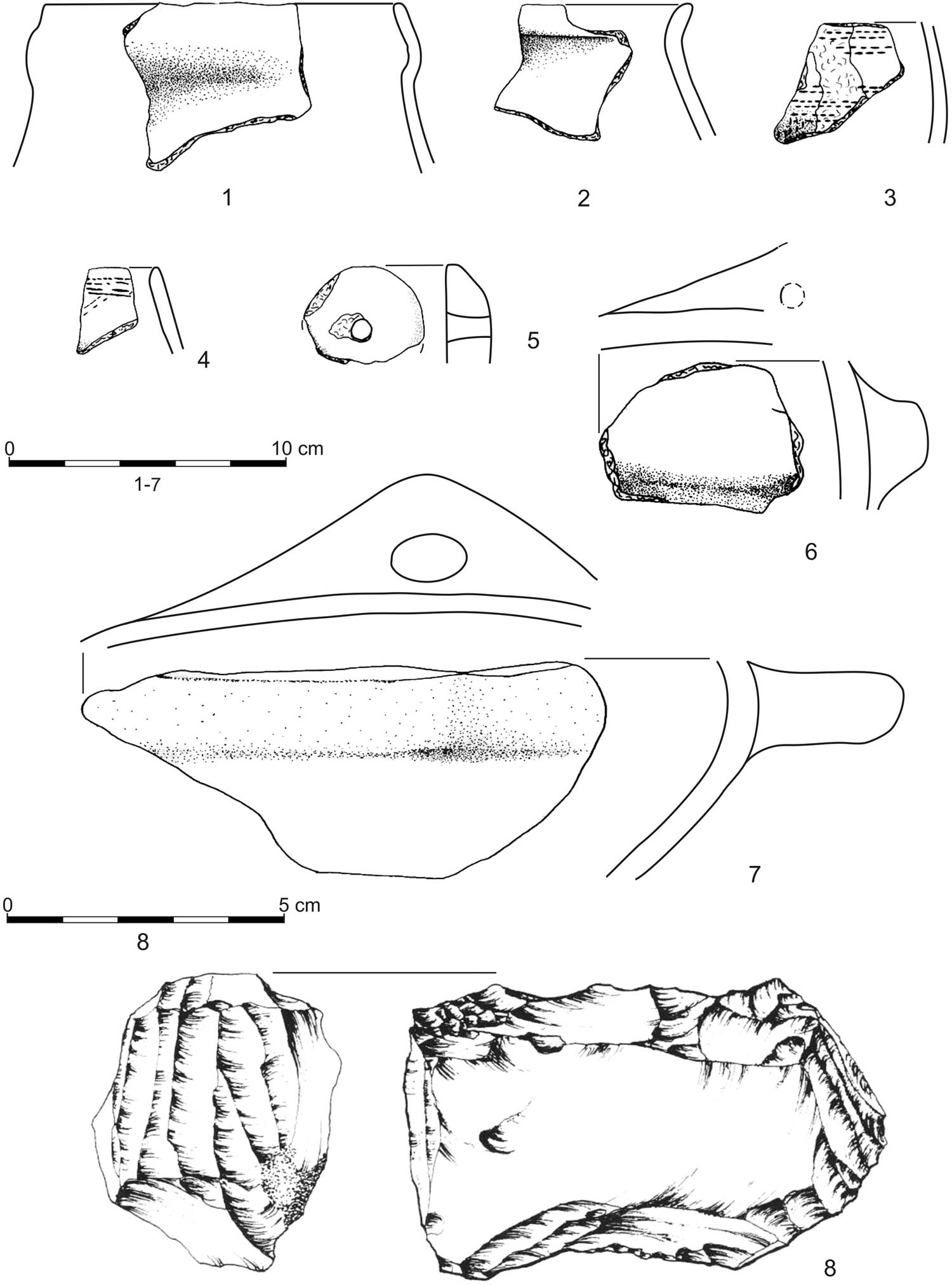 Figure 4 
                  Jurków, com. Czchów, site 1. Samborzec-Opatów pottery (1–7) and flint core (8).
               
